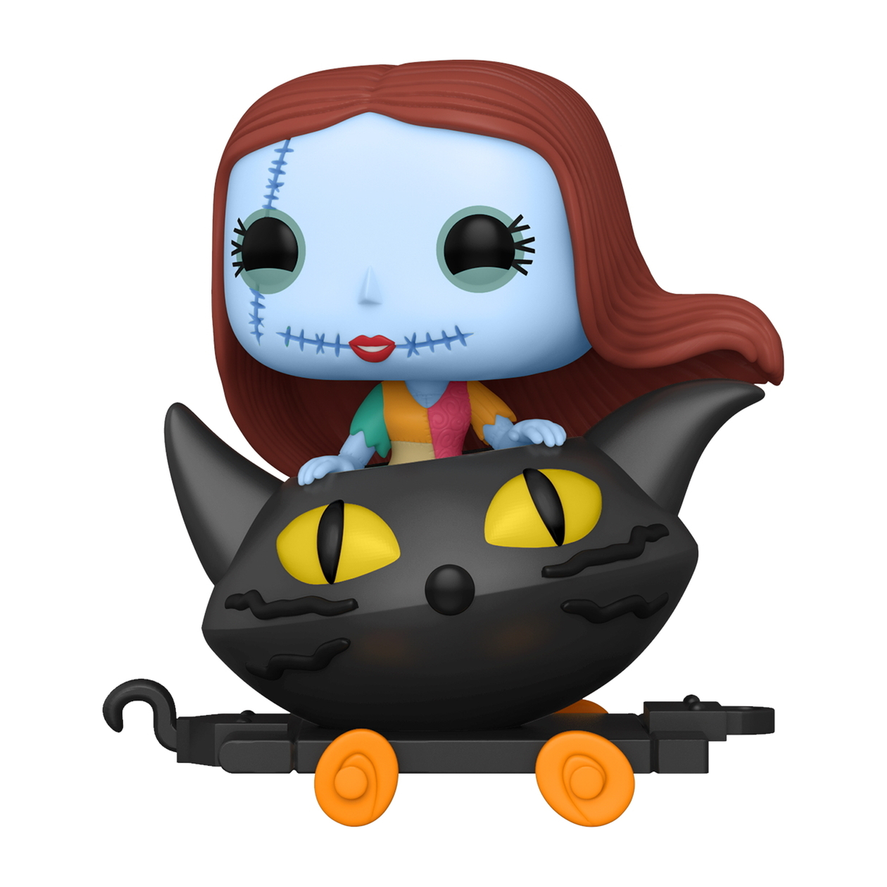 Sally aus Nightmare Before Christmas, die einen schwarzen Katzenzug fährt.