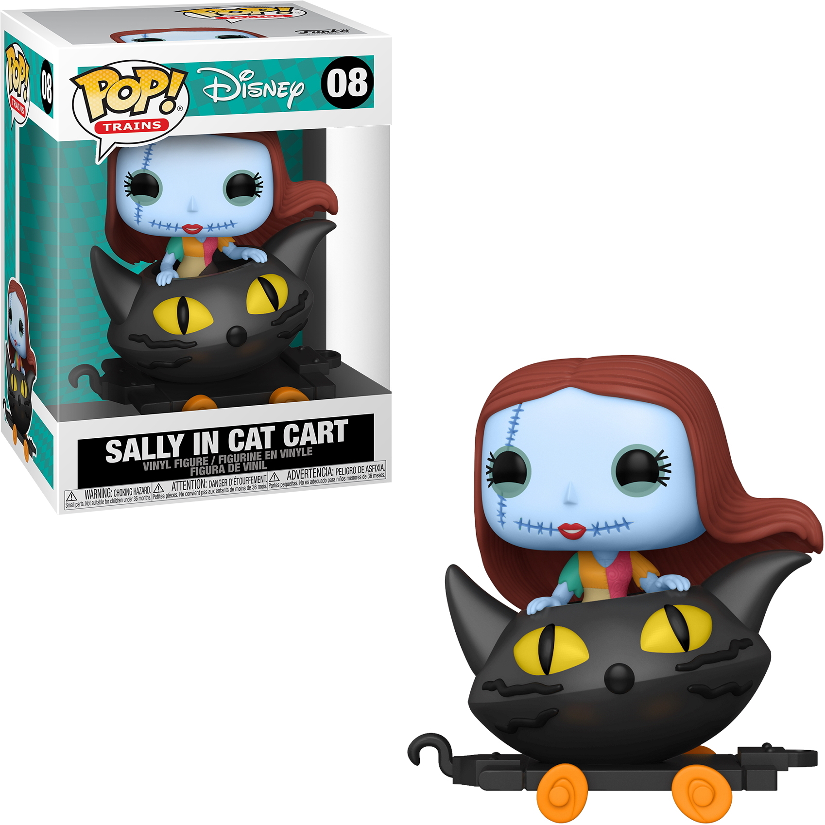 Sally aus Nightmare Before Christmas in einer Katzenkarre, mit einer Box, die dasselbe Bild zeigt.