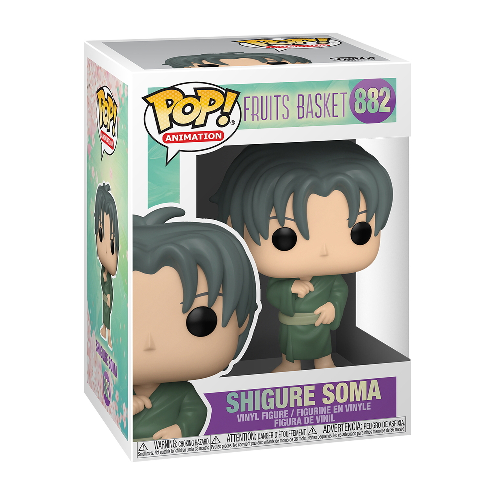 Figura Pop di Shigure Soma in scatola. Veste verde, capelli grigi. Fruits Basket. Animazione.