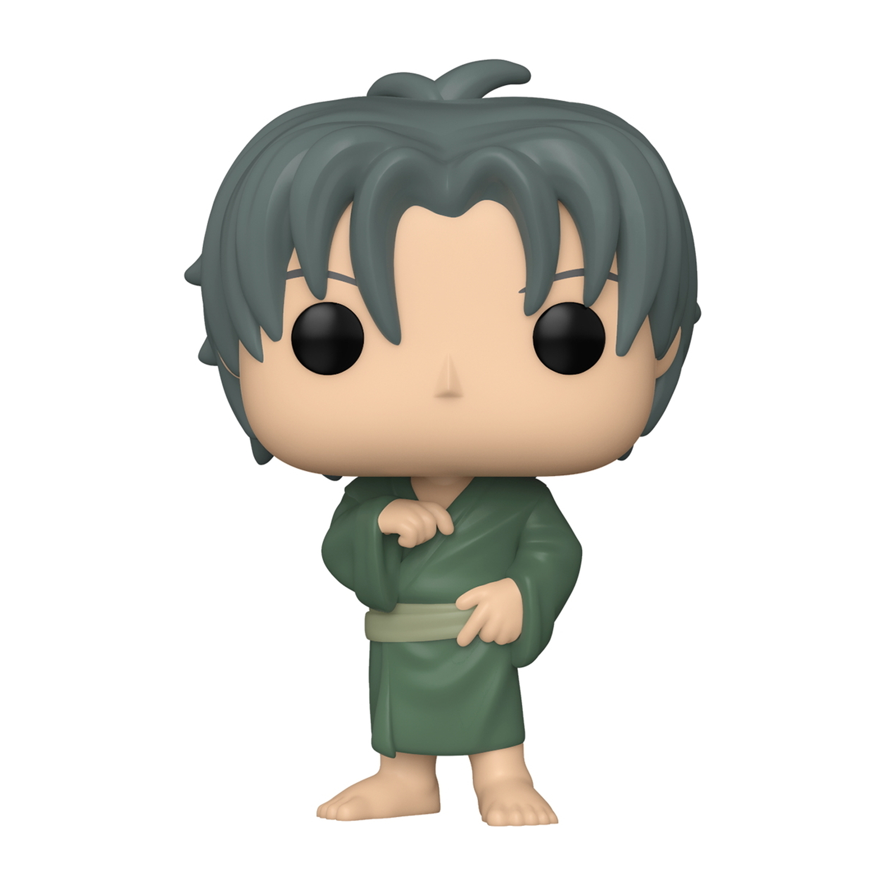 Personaggio Funko Pop maschile, veste verde, capelli grigi, a piedi nudi, espressione neutra.