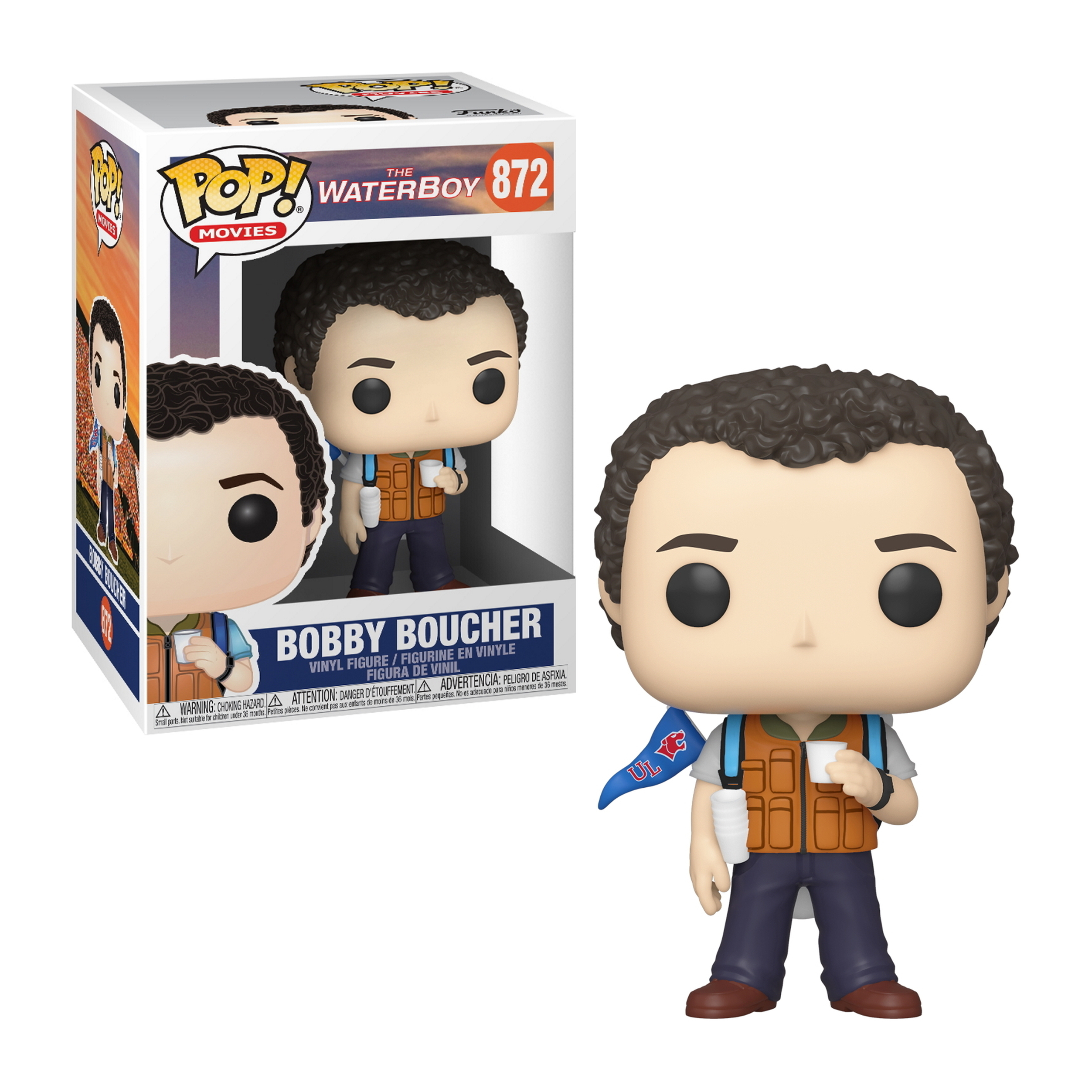 Eine Funko Pop Figur von Bobby Boucher, mit Weste, Becher und Fahne. Im Hintergrund eine Box.
