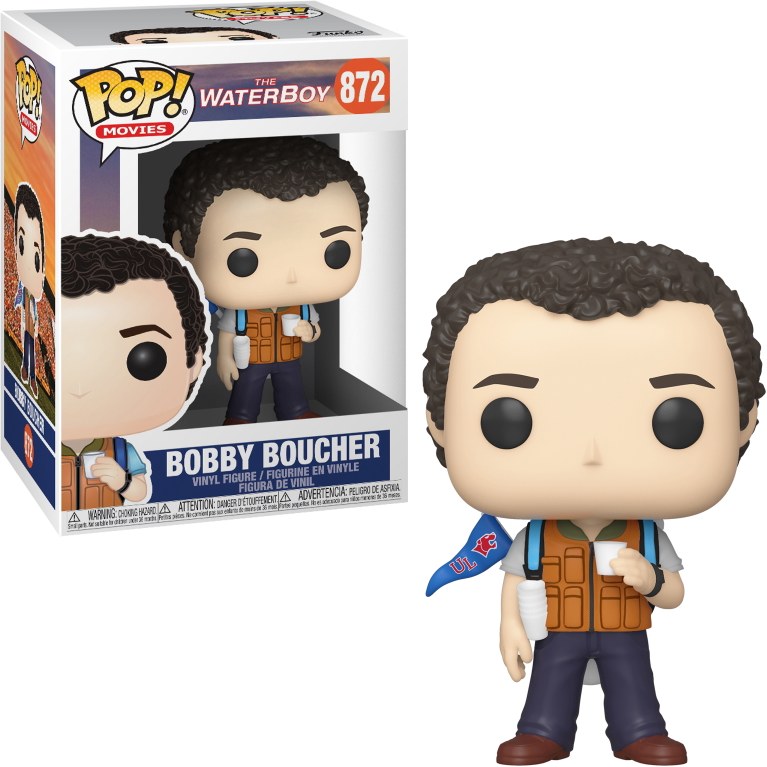 Bobby Boucher-Figur, die eine Fahne hält, in einer Weste, mit einer Box links.