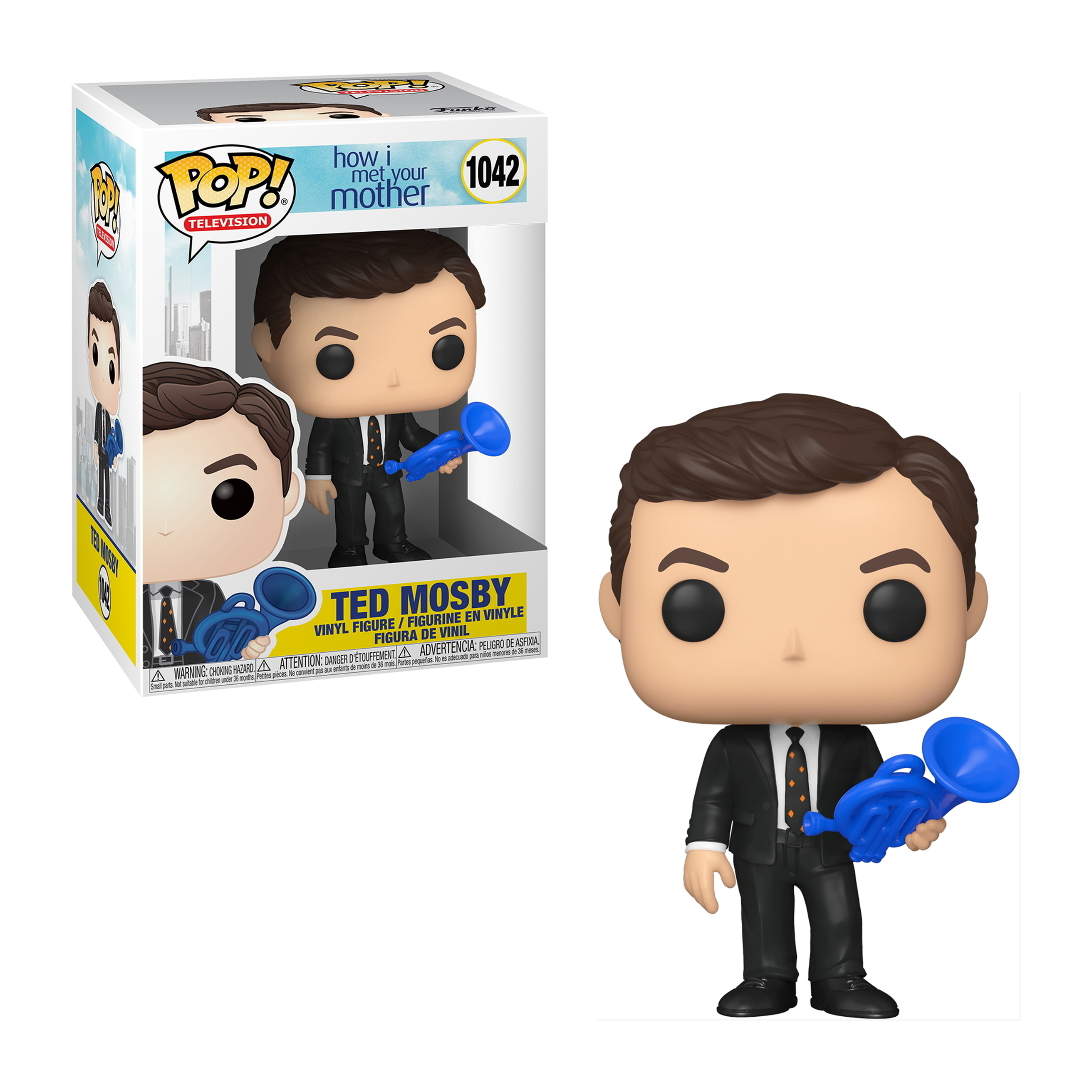 Ted Mosby Funko Pop Figur hält ein blaues Horn in einem schwarzen Anzug. Die Box ist im Hintergrund.