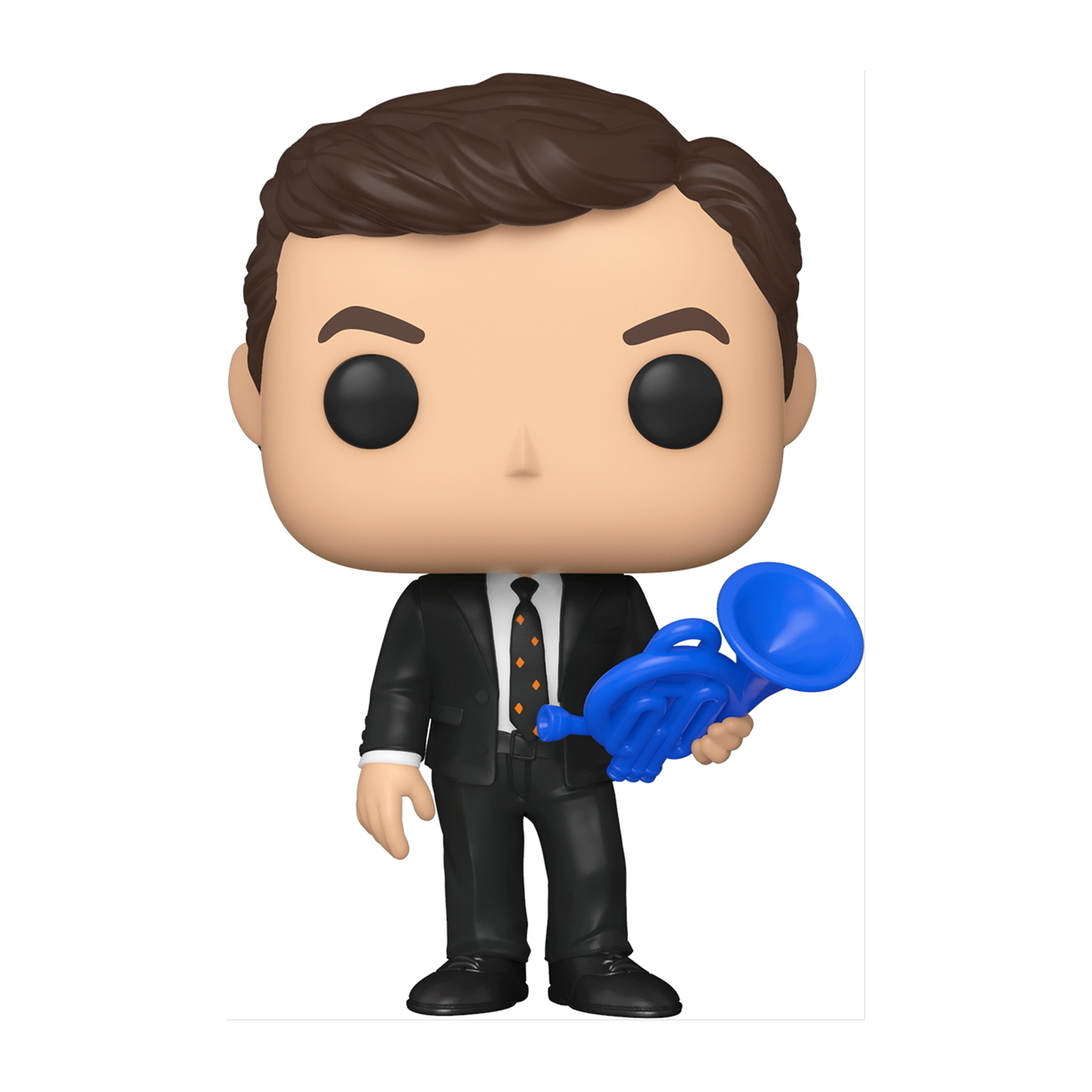 Funko Pop Figur eines Mannes im Anzug, der ein blaues Waldhorn hält, mit schwarzer Krawatte und orangefarbenem Muster.