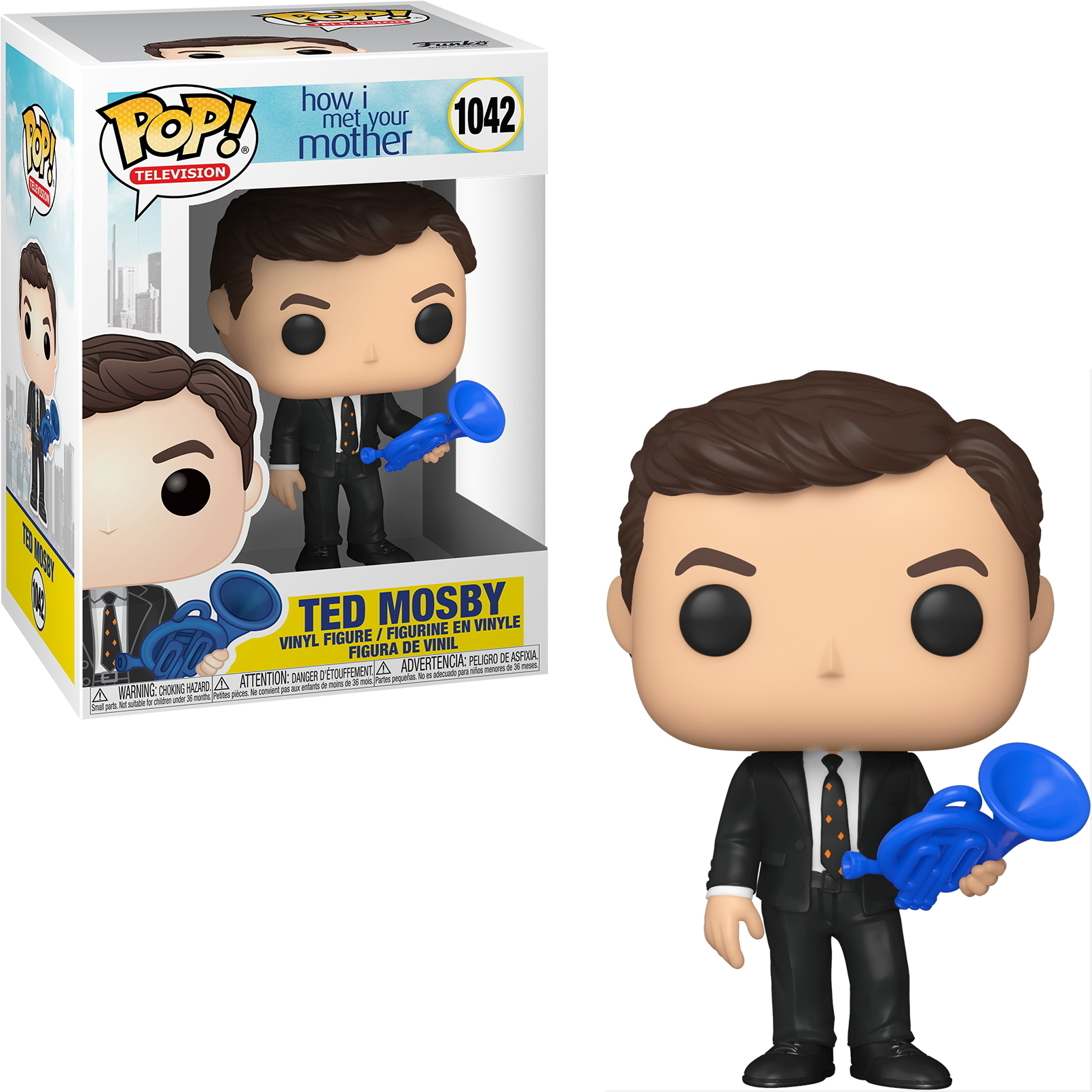 Funko Pop Figur von Ted Mosby aus How I Met Your Mother. Hält ein blaues Horn. Weißer Hintergrund.