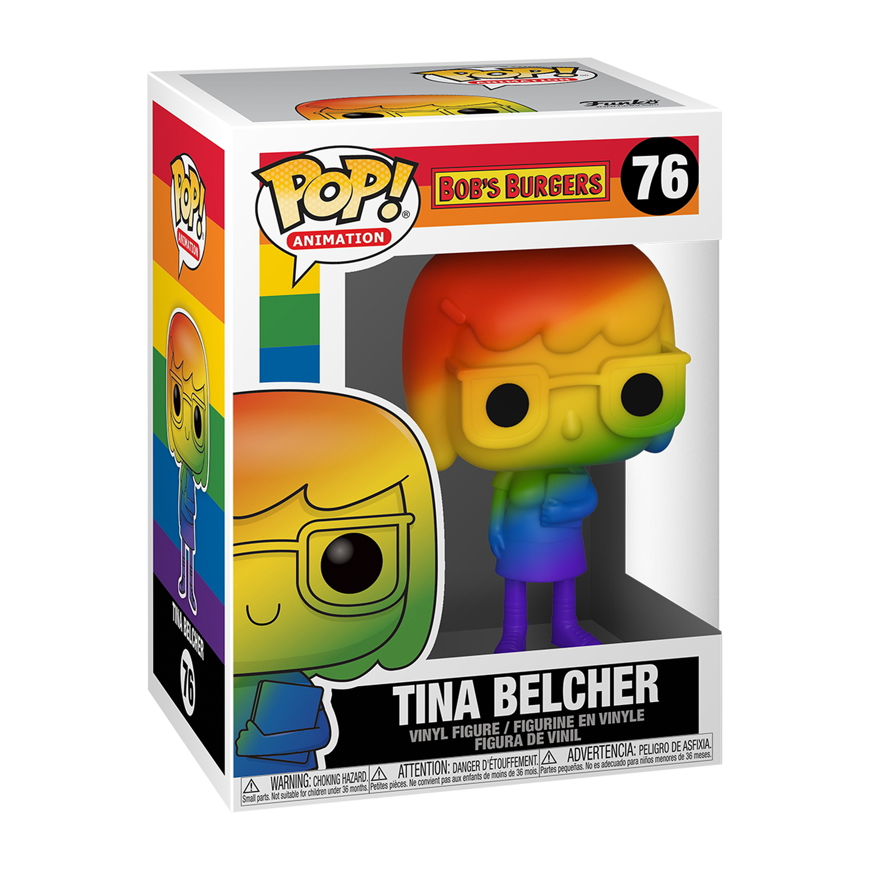 Boxed Funko Pop von Tina Belcher aus Bob's Burgers. Eine Figur mit Regenbogenhaaren und Brille.