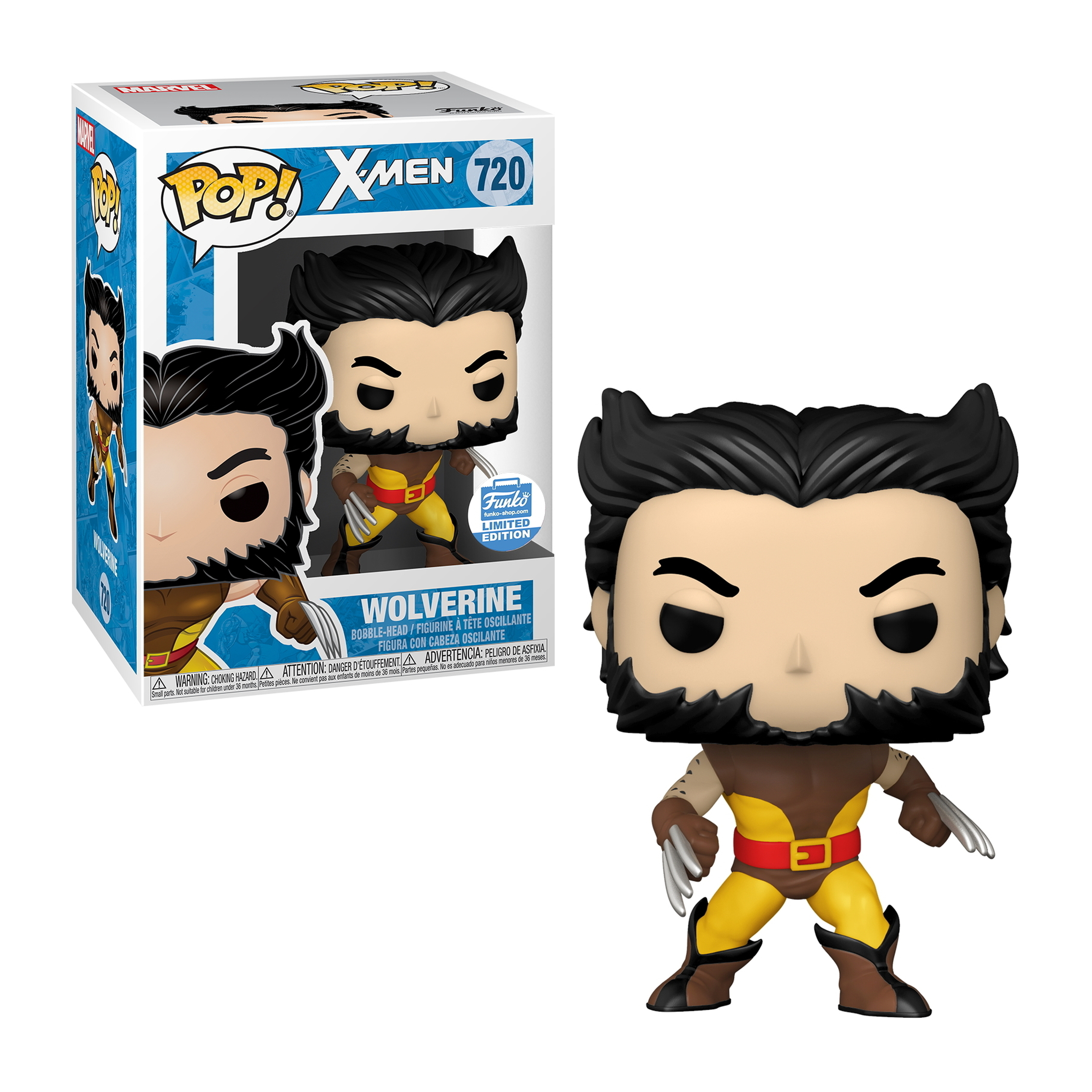 Wolverine Funko Pop Figur. Brauner und gelber Anzug, Krallen draußen, schwarzes Haar, Bart. X-Men.