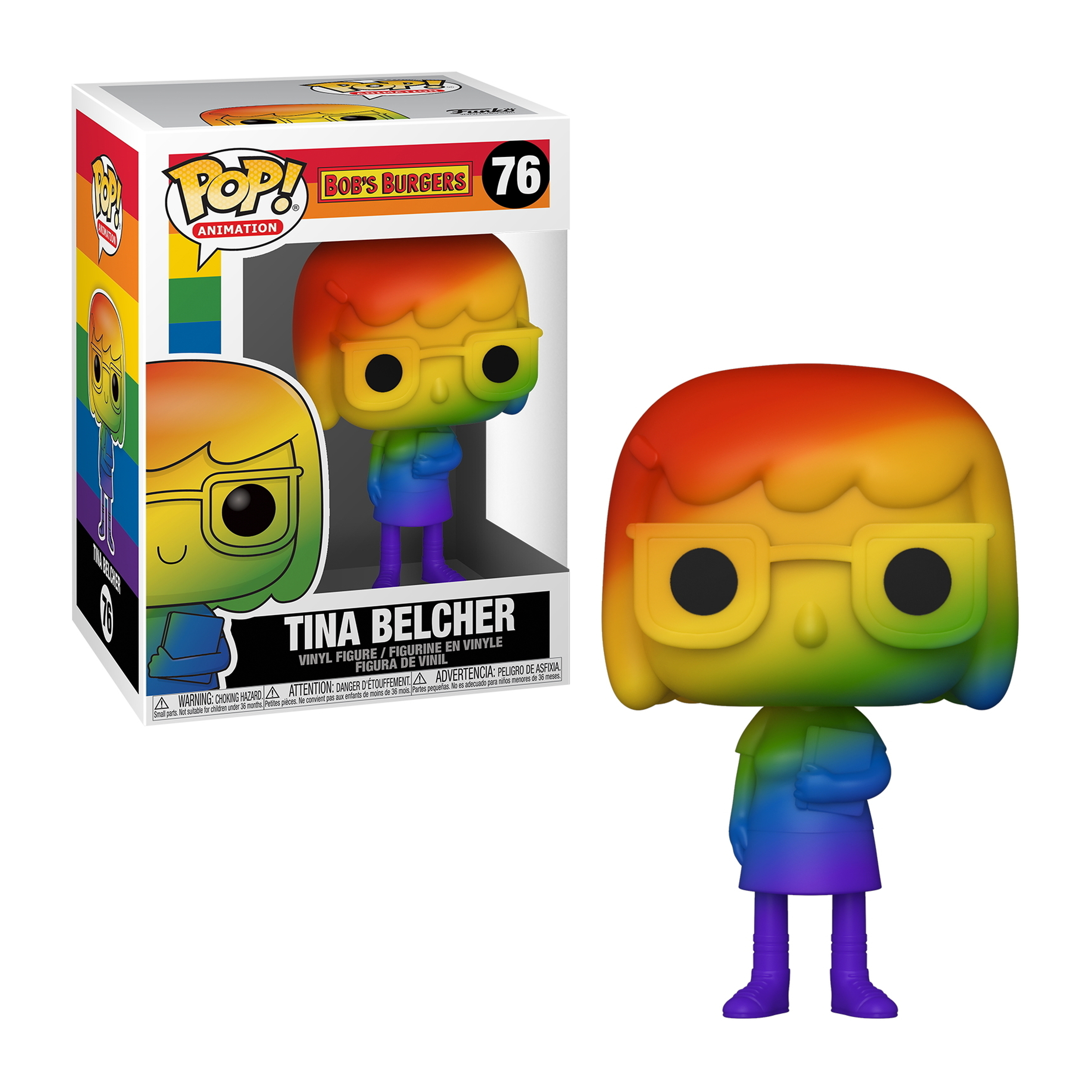 Tina Belcher Funko Pop Figur. Regenbogenfarbenes Haar, Brille und ein blaues Outfit. Box mit Regenbogen-Design.