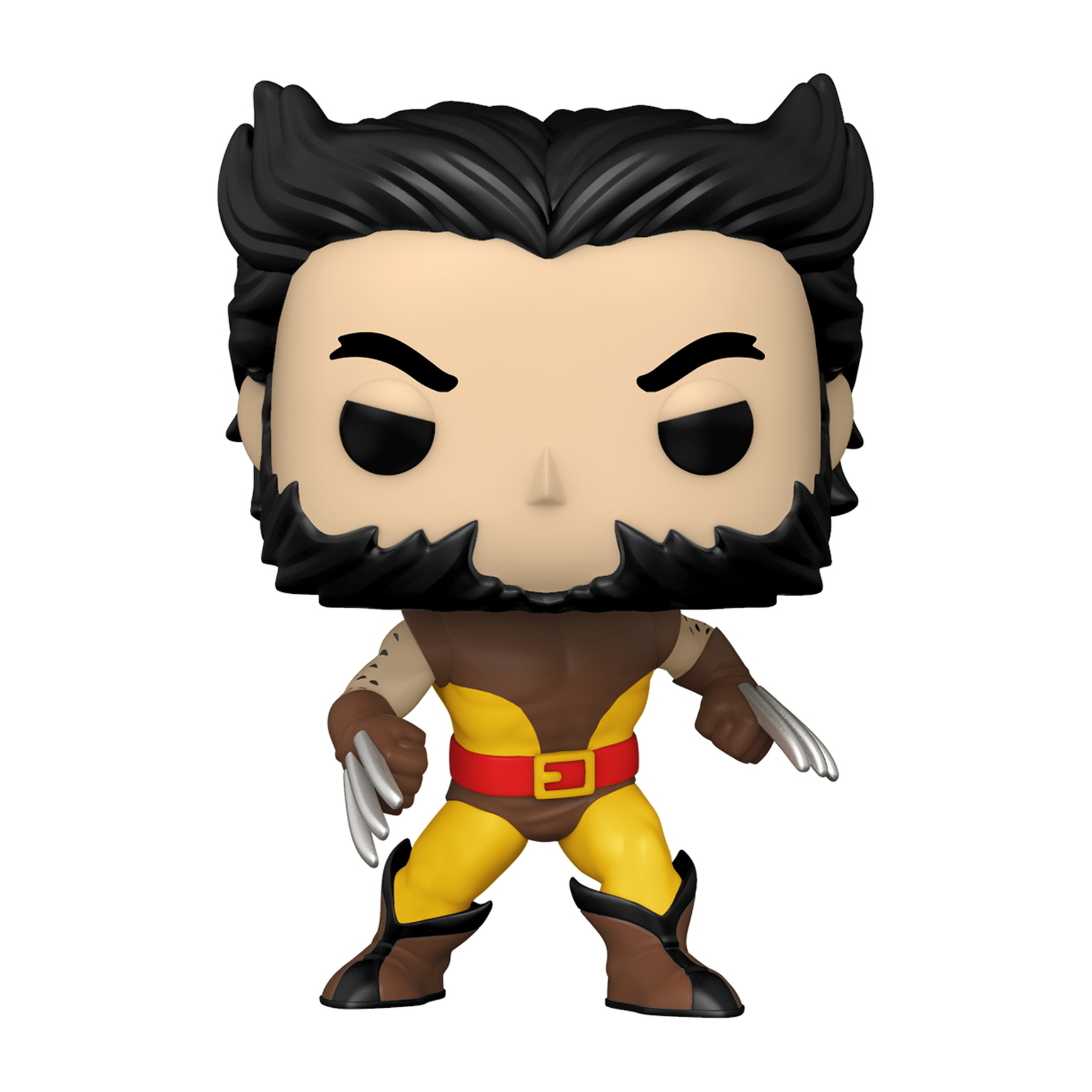 Wolverine Funko Pop Figur. Er trägt Gelb und Braun, mit Krallen. Wütendes Gesicht.