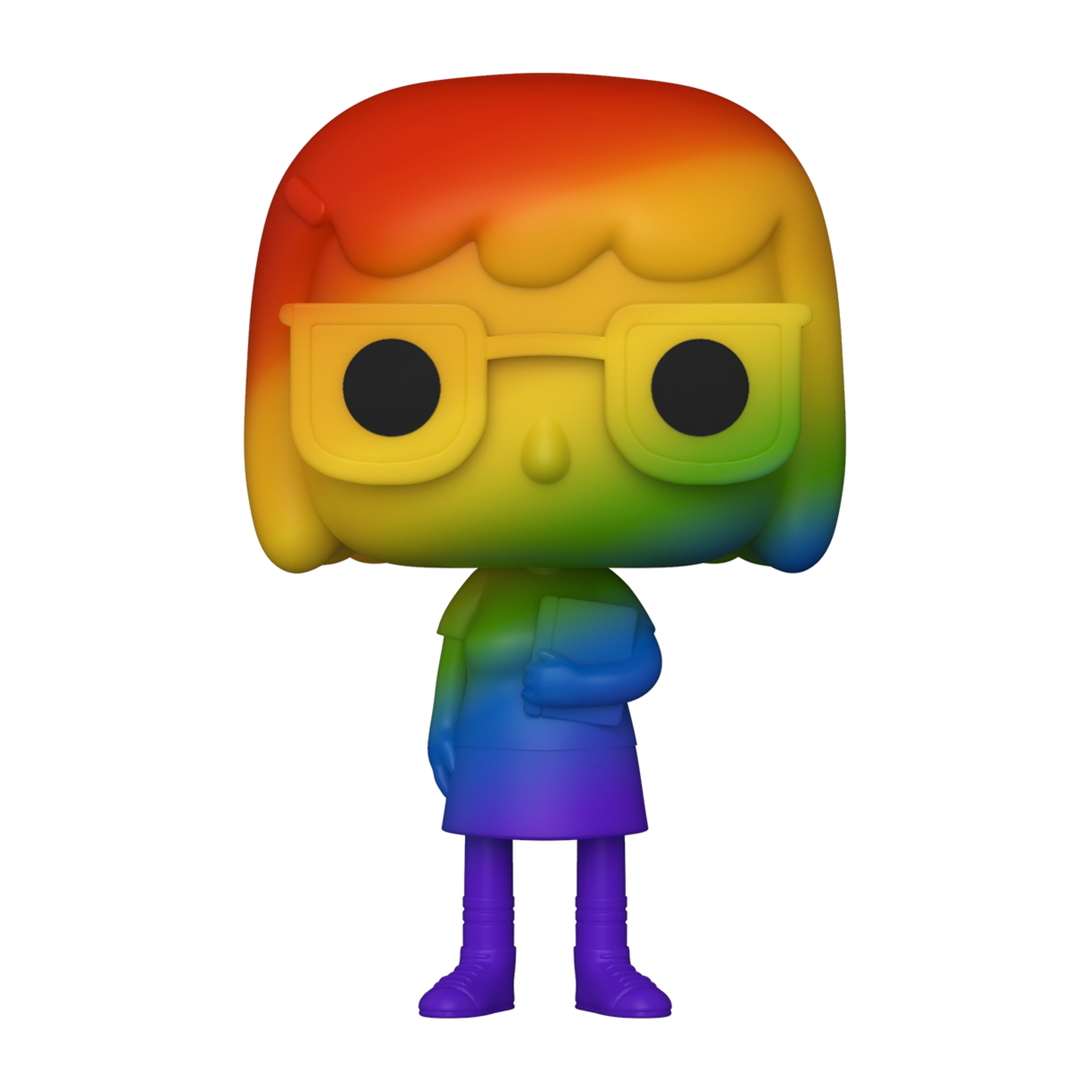 Regenbogenfarbene Figur mit Brille, hält ein Buch, trägt ein Regenbogenkleid.