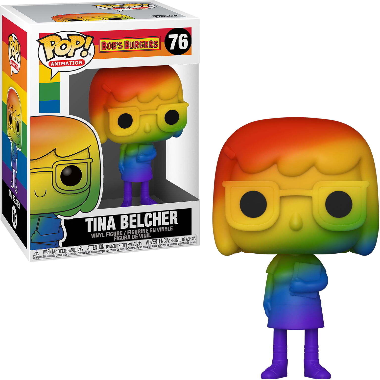 Tina Belcher Funko Pop Figur. Regenbogenhaar und Brille, trägt ein blaues Kleid. Bob's Burgers Charakter.