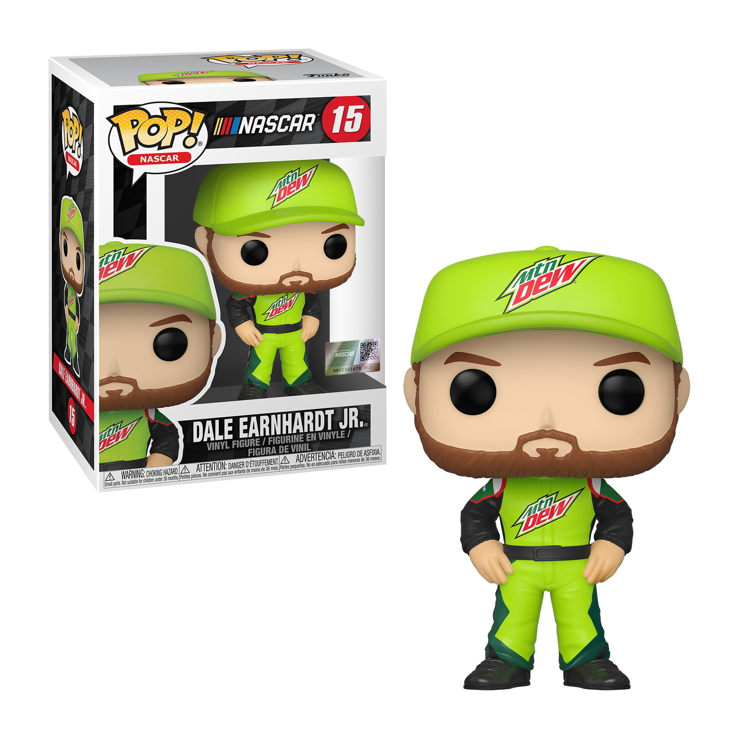 Dale Earnhardt Jr. NASCAR Figur, trägt einen grünen Anzug und Hut, mit schwarzem Bart.