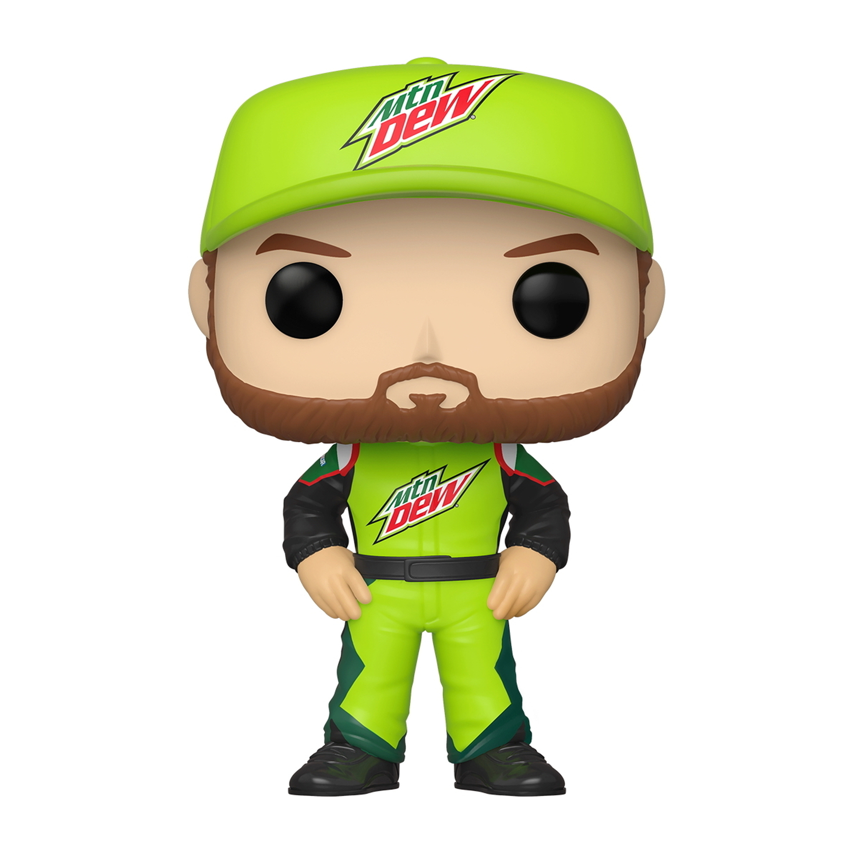Eine Mountain Dew Rennfahrer Funko Pop Figur, mit grüner Kappe und Anzug.