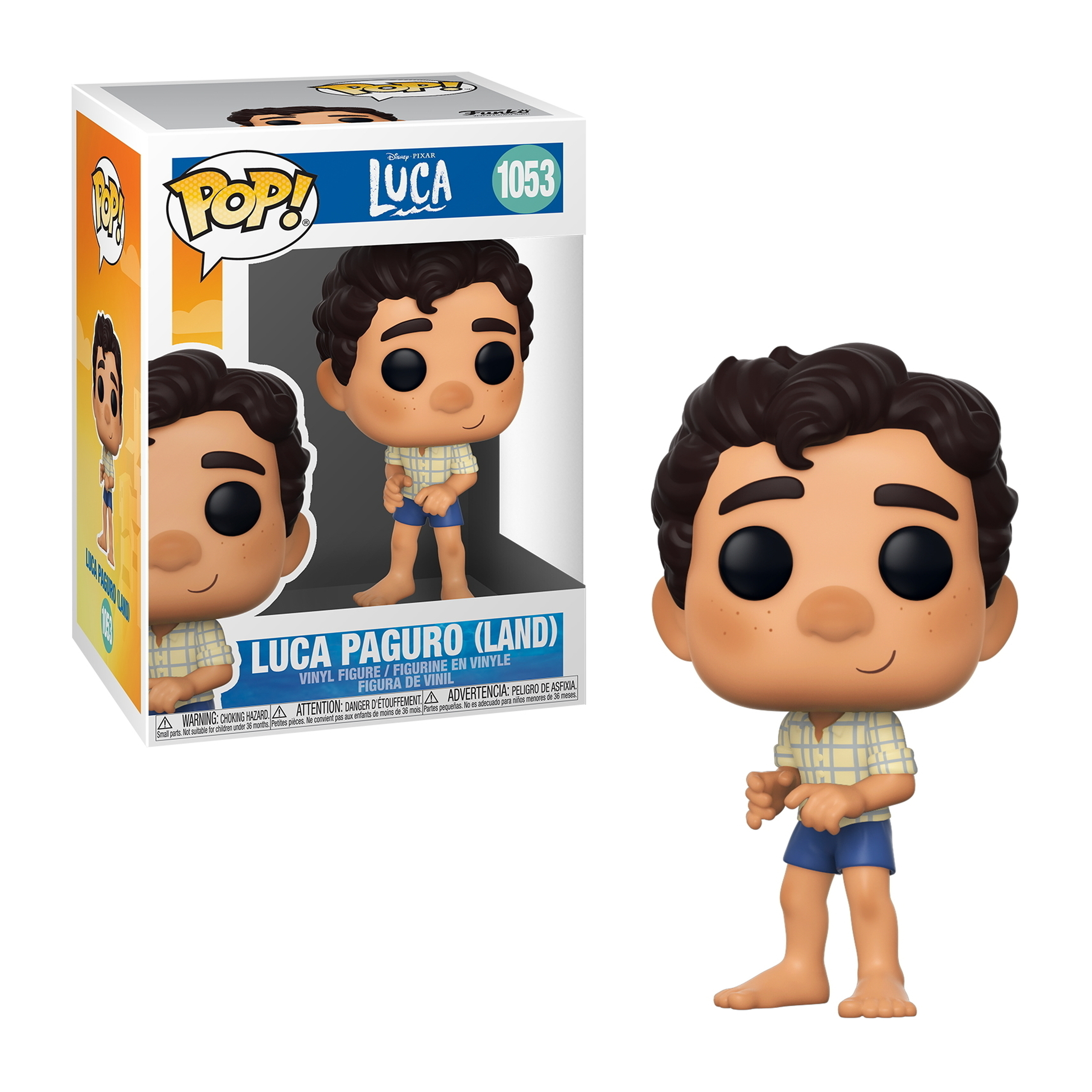 Figura Funko Pop de Luca Paguro en caja. Tiene cabello castaño, pantalones cortos azules y camisa amarilla.
