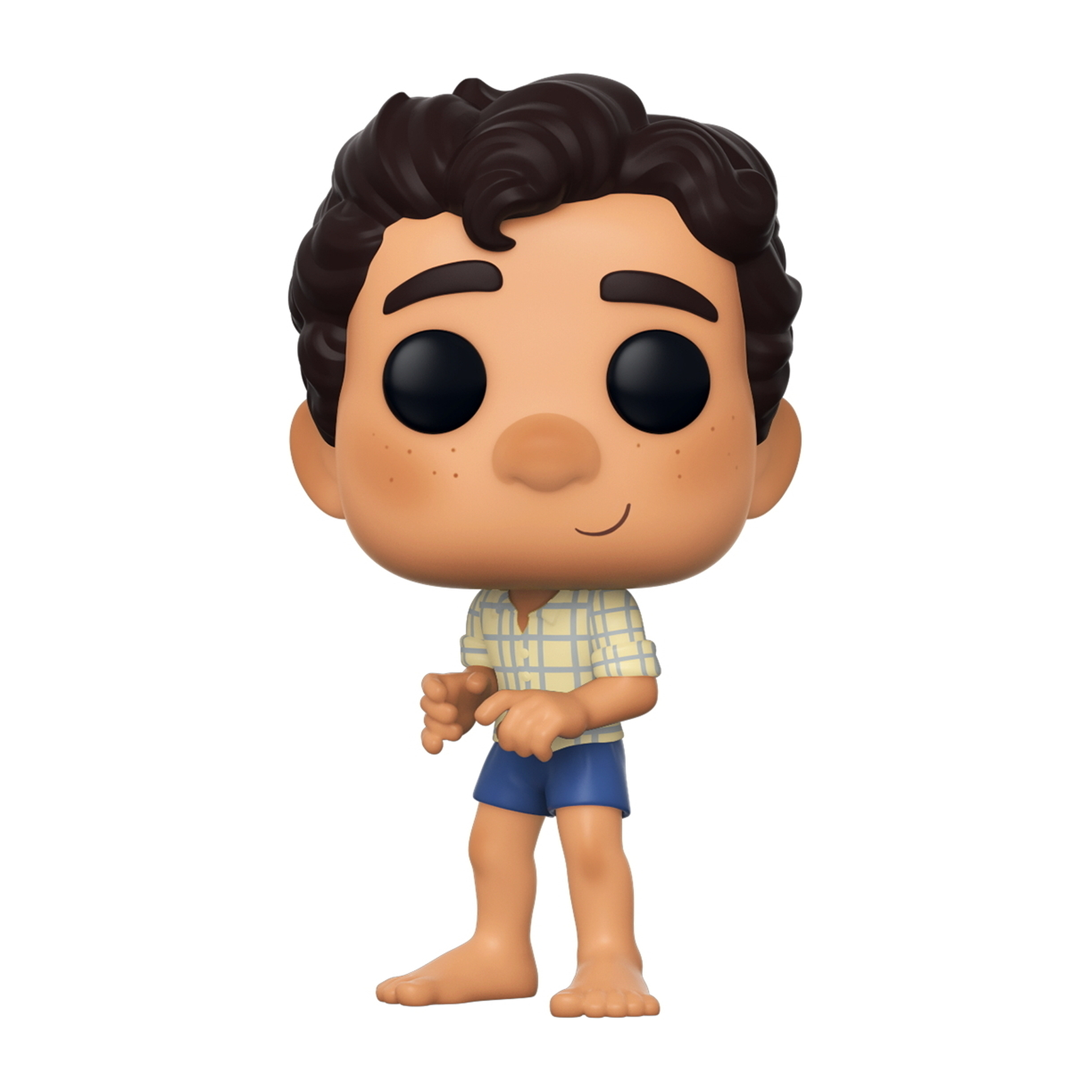 Figura Funko Pop de Luca. Cabello castaño, shorts azules, camisa a cuadros amarilla. Sonriendo y descalzo.