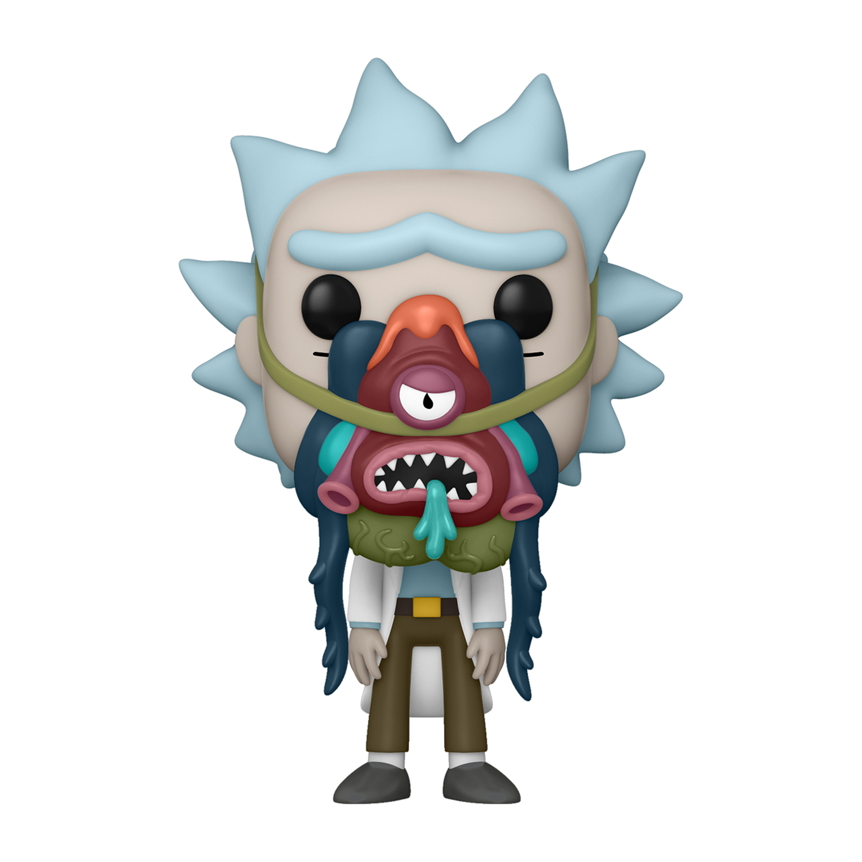 Rick-Figur mit grotesker Maske. Die Maske hat mehrere Farben und ein einzelnes Auge.