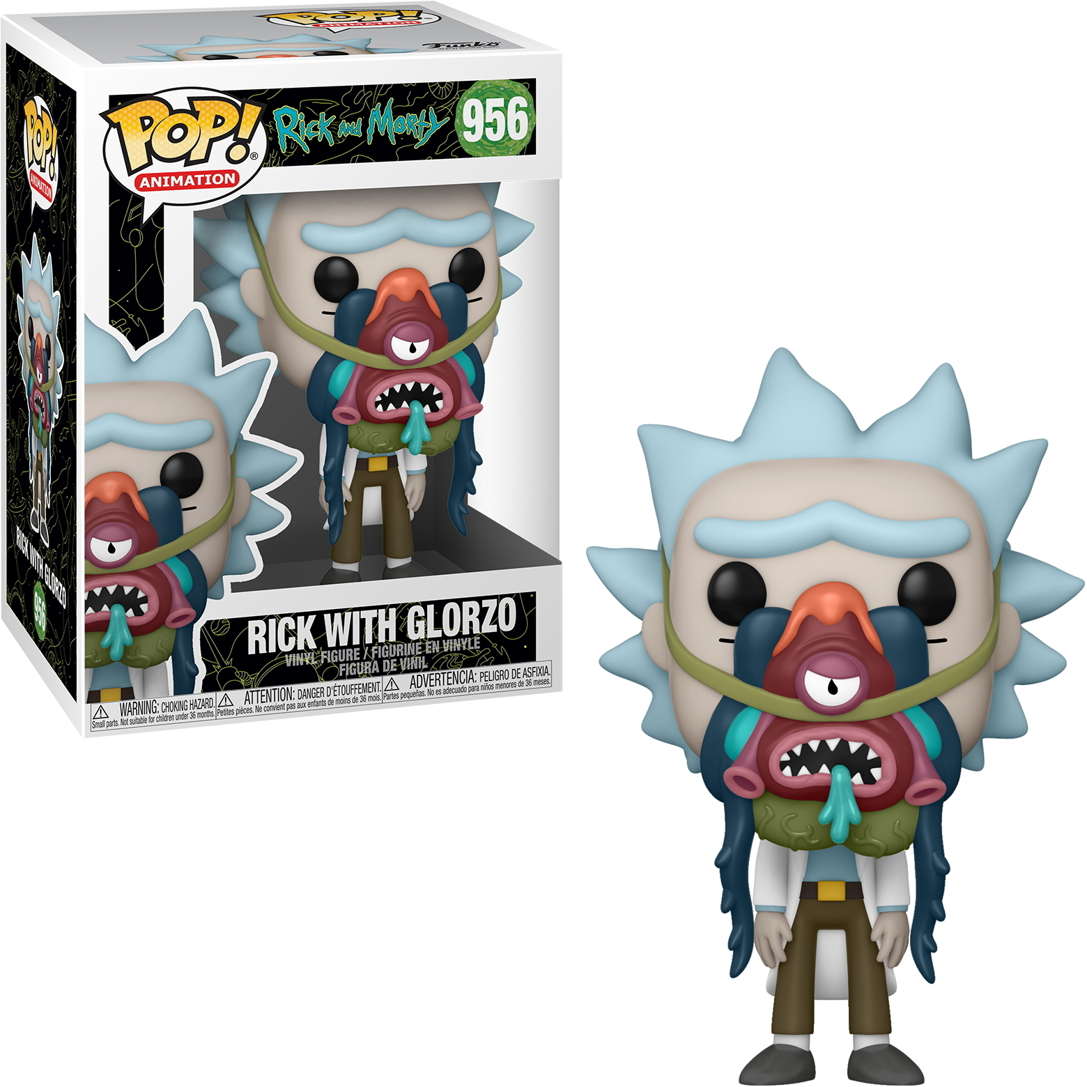 Funko Pop von Rick mit Glorzo aus Rick and Morty, mit Box links.