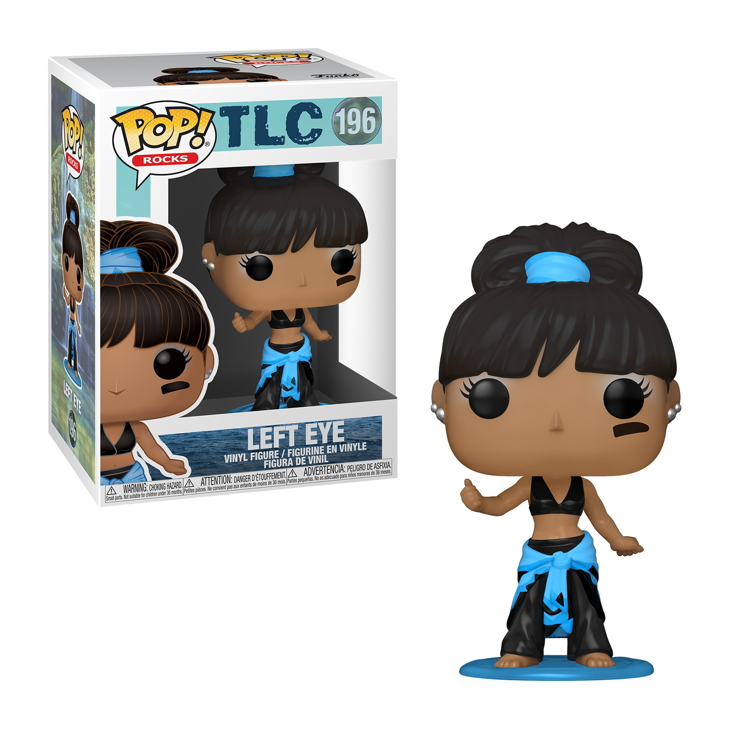 Funko Pop-Figur von Left Eye von TLC, trägt ein schwarzes Outfit mit blauem Wickel und blauem Haar-Accessoire.