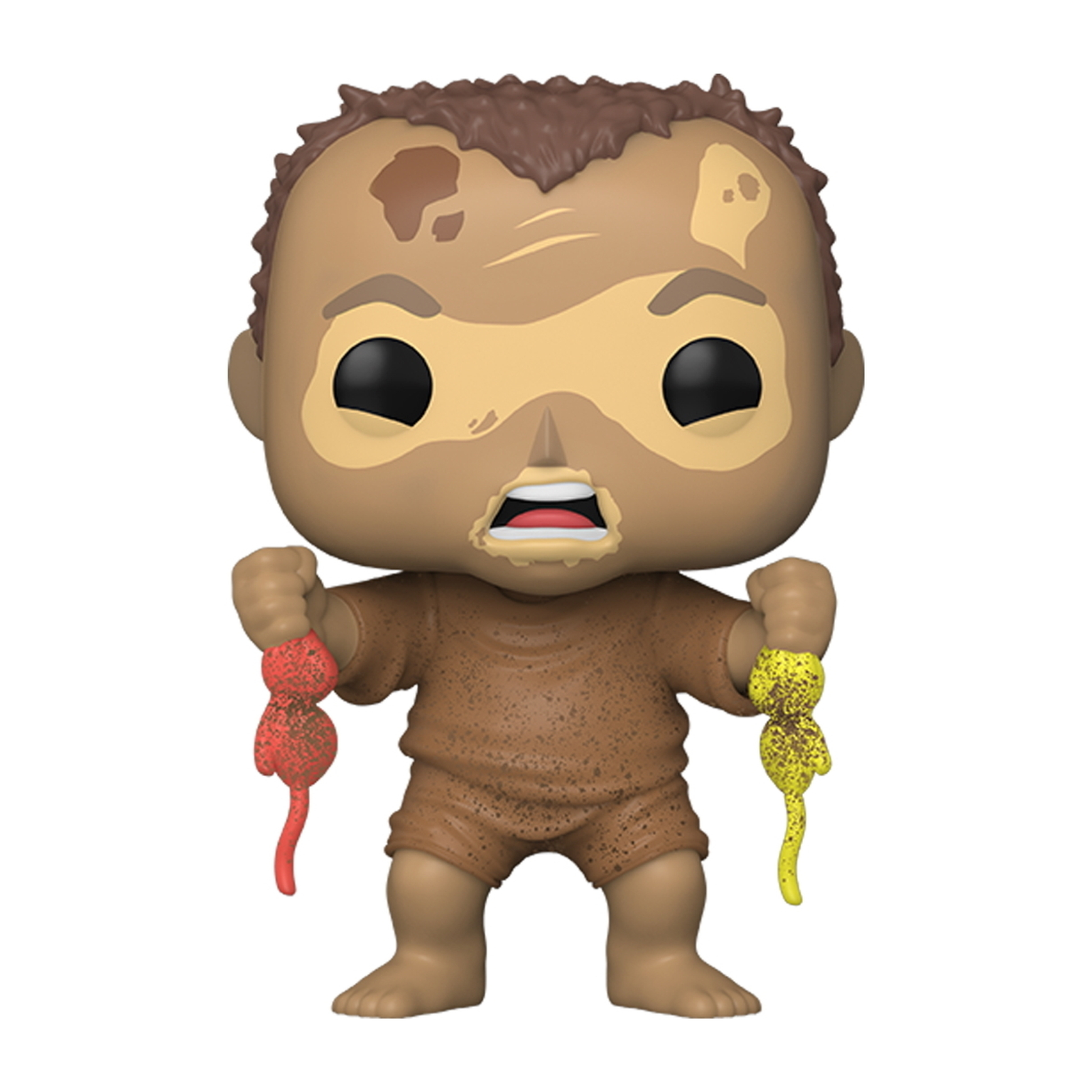 Eine zombieartige Funko Pop-Figur. Braune Haut, offener Mund, hält bunte, fadige Objekte.