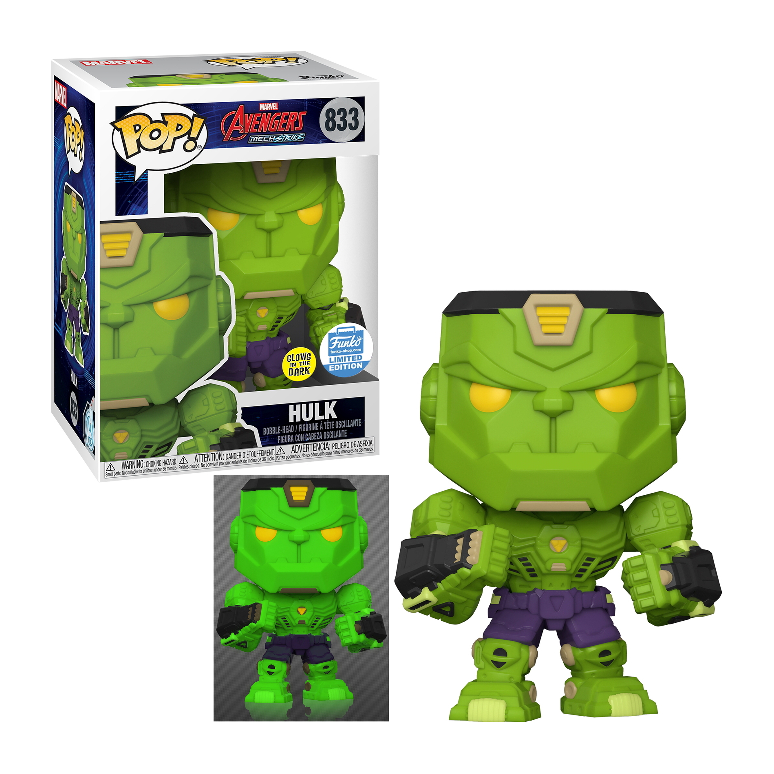 Hulk Mech Strike Funko Pop Figur. Grüne Figur mit grauen und lila Details. Box abgebildet.