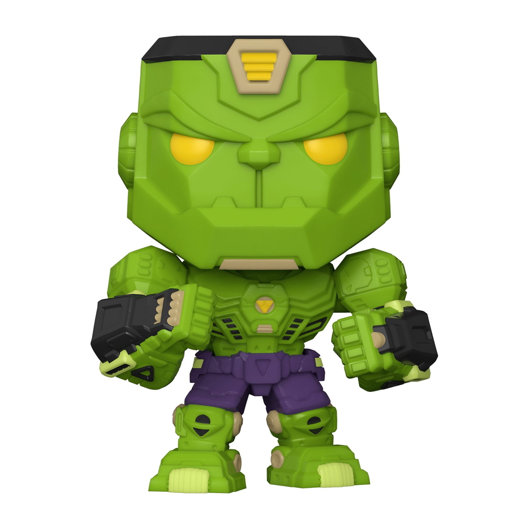 Grüne Hulk-Figur in einem Roboteranzug. Lila Shorts und gelbe Augen.