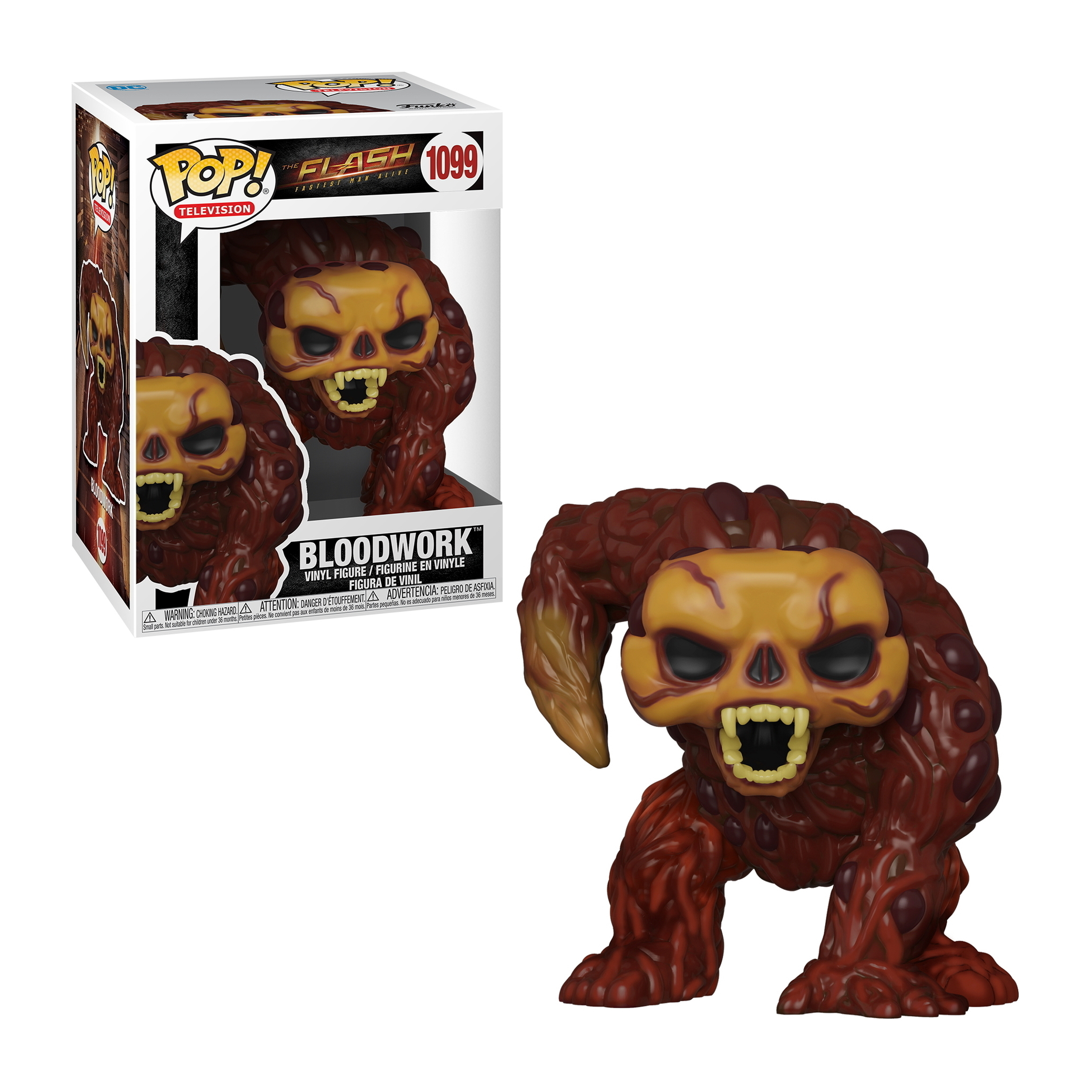 Figura Funko Pop! de Bloodwork de The Flash, con un cuerpo rojo y marrón y una cara de calavera.
