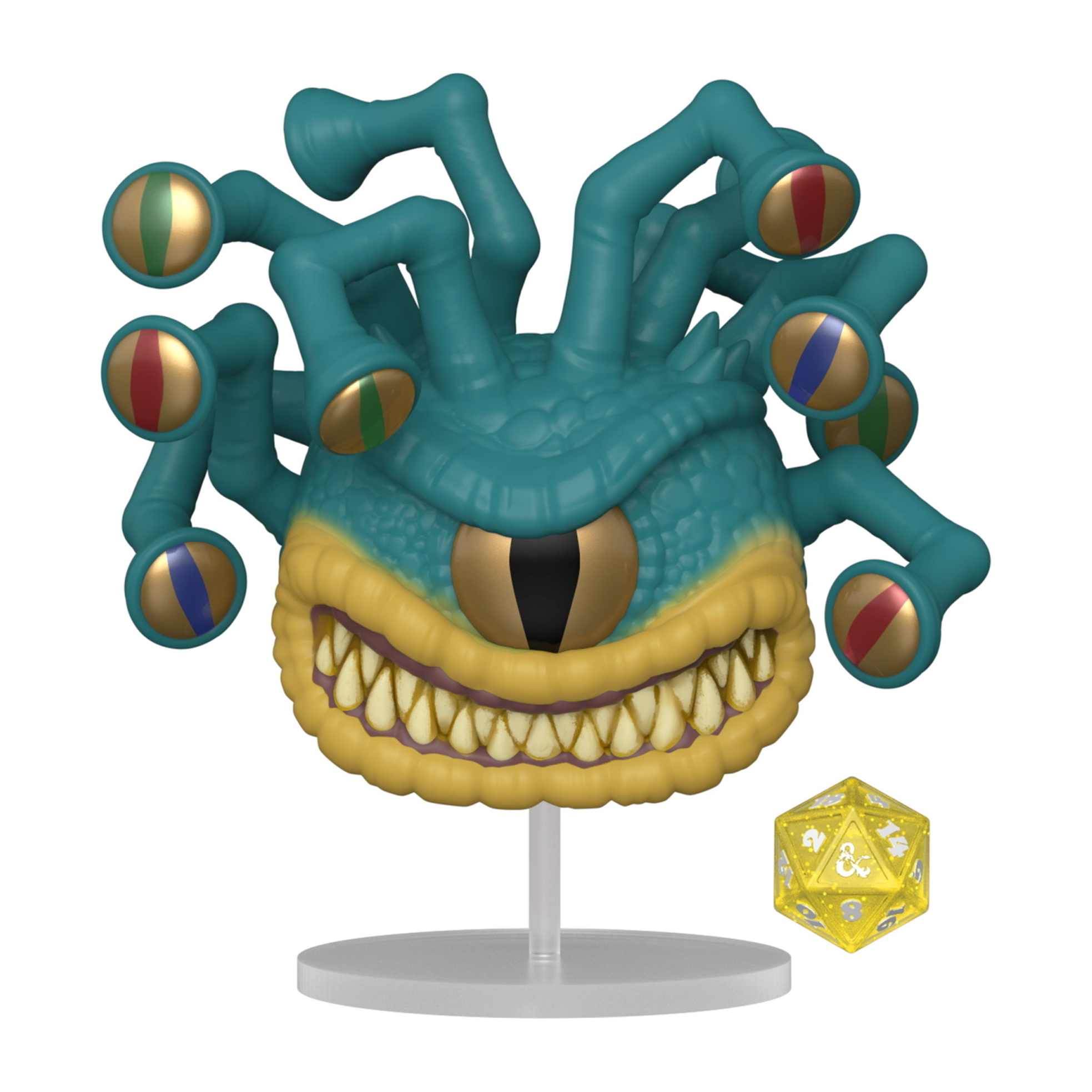 Beholder Figur mit Würfel, Funko Pop Stil.