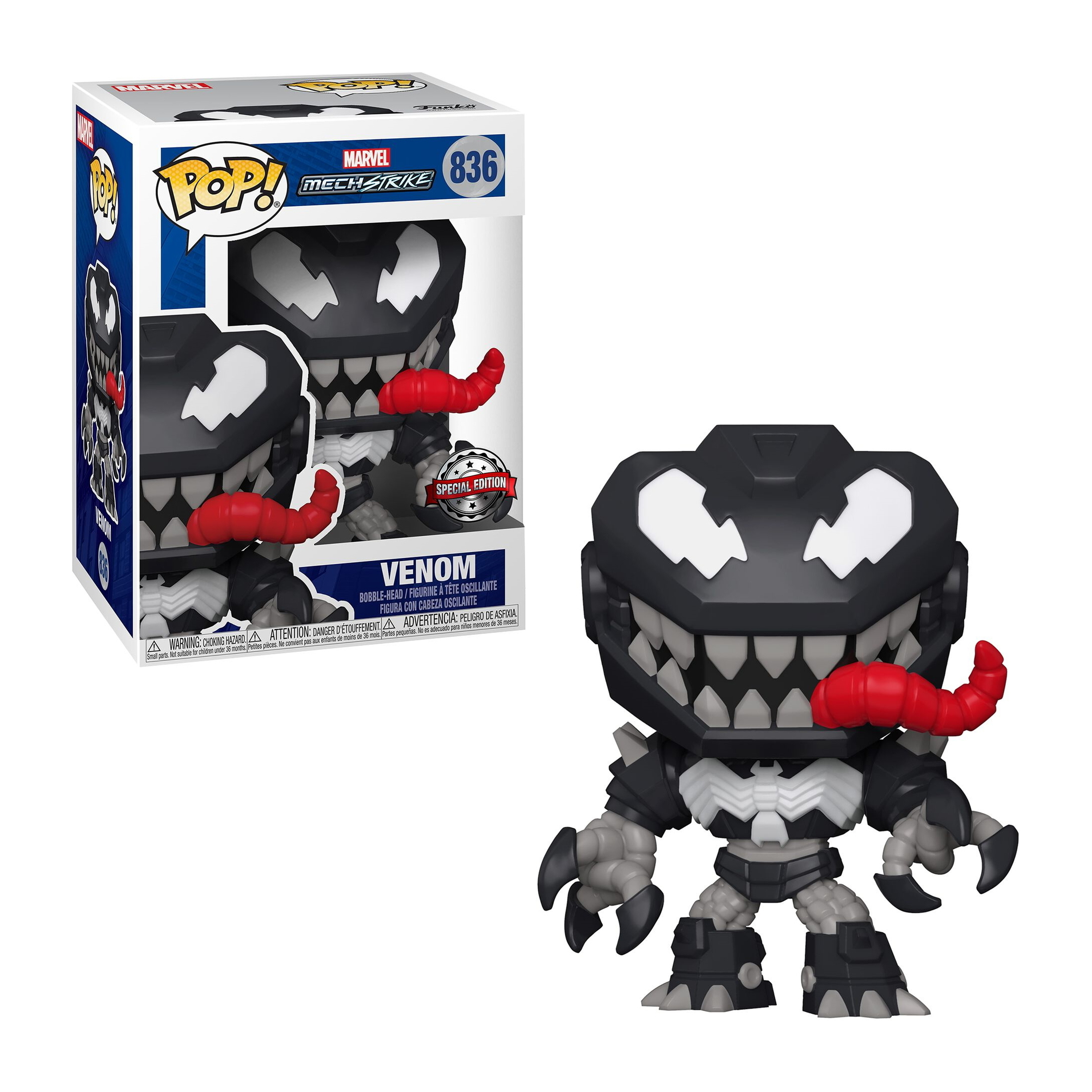 Funko Pop Figur von Venom. Box und Figur sichtbar, schwarz-rotes Design.