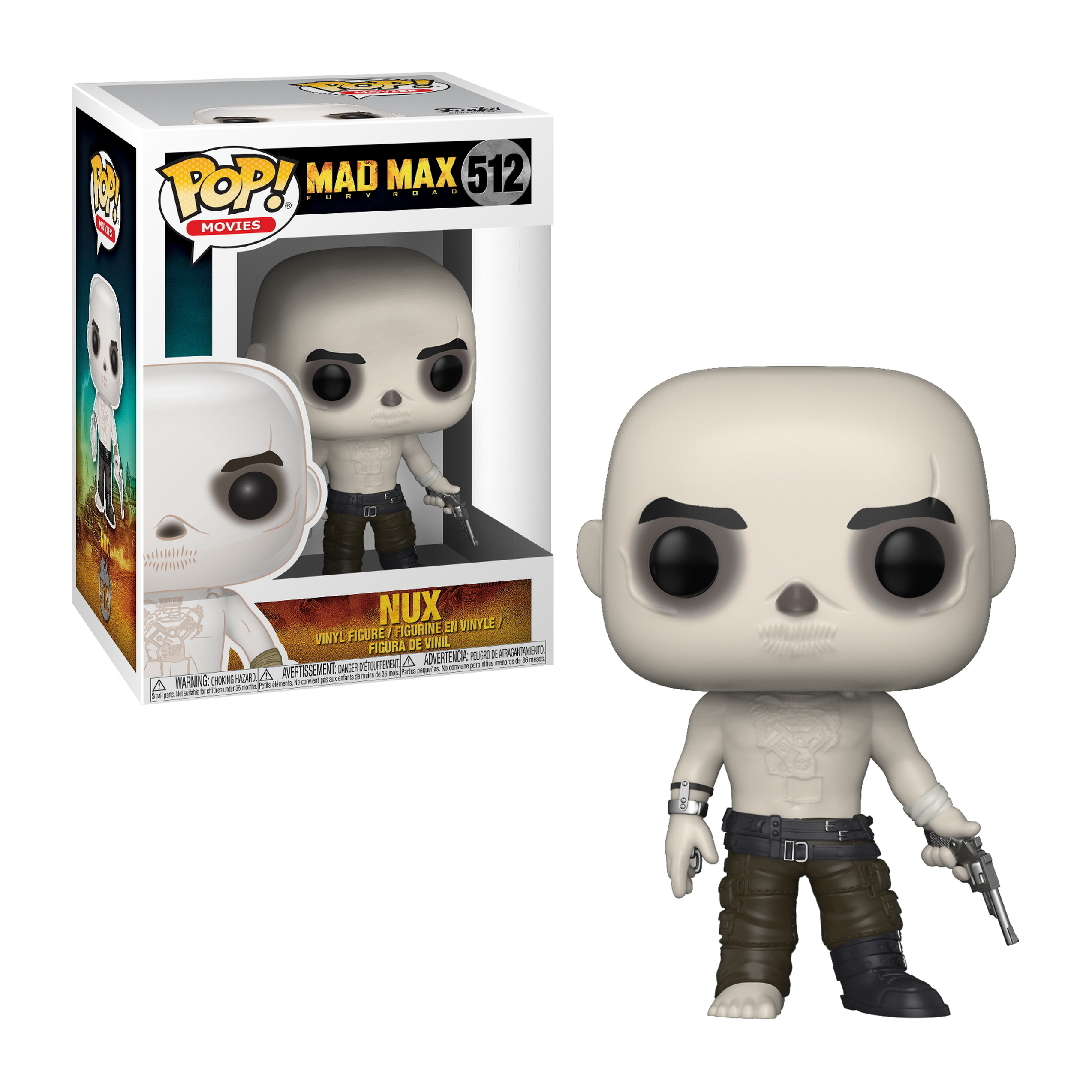 Figurka Funko Pop Nuxa z Mad Max, blada postać z twarzą czaszki i bronią.