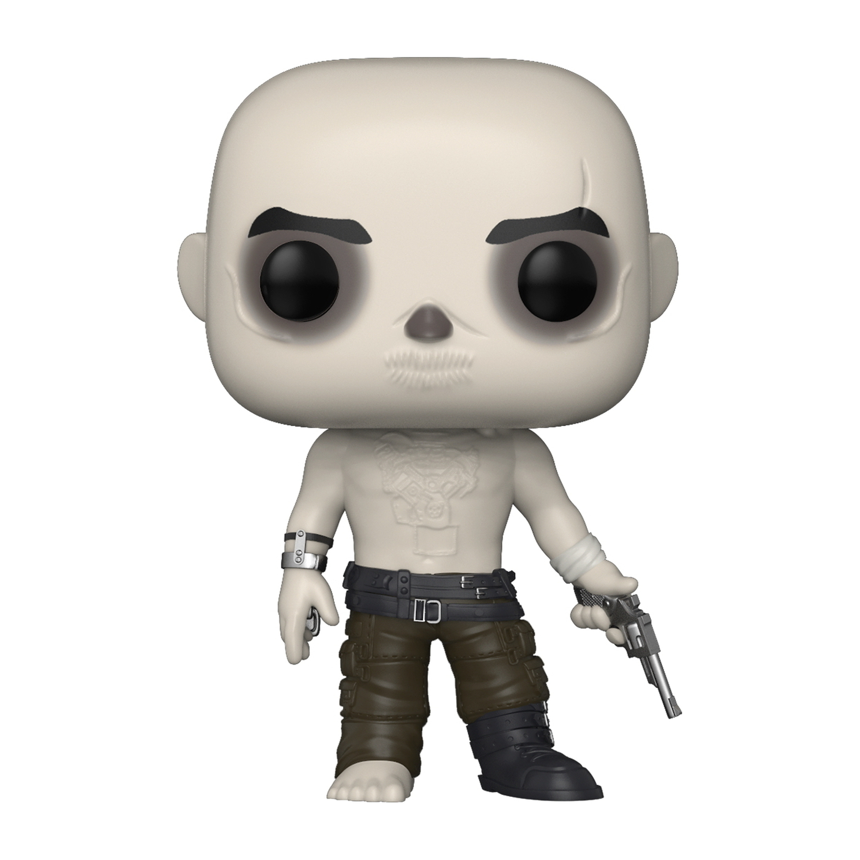 Figurka Funko Pop szkieletowej postaci z pistoletem i tatuażami na białym tle.