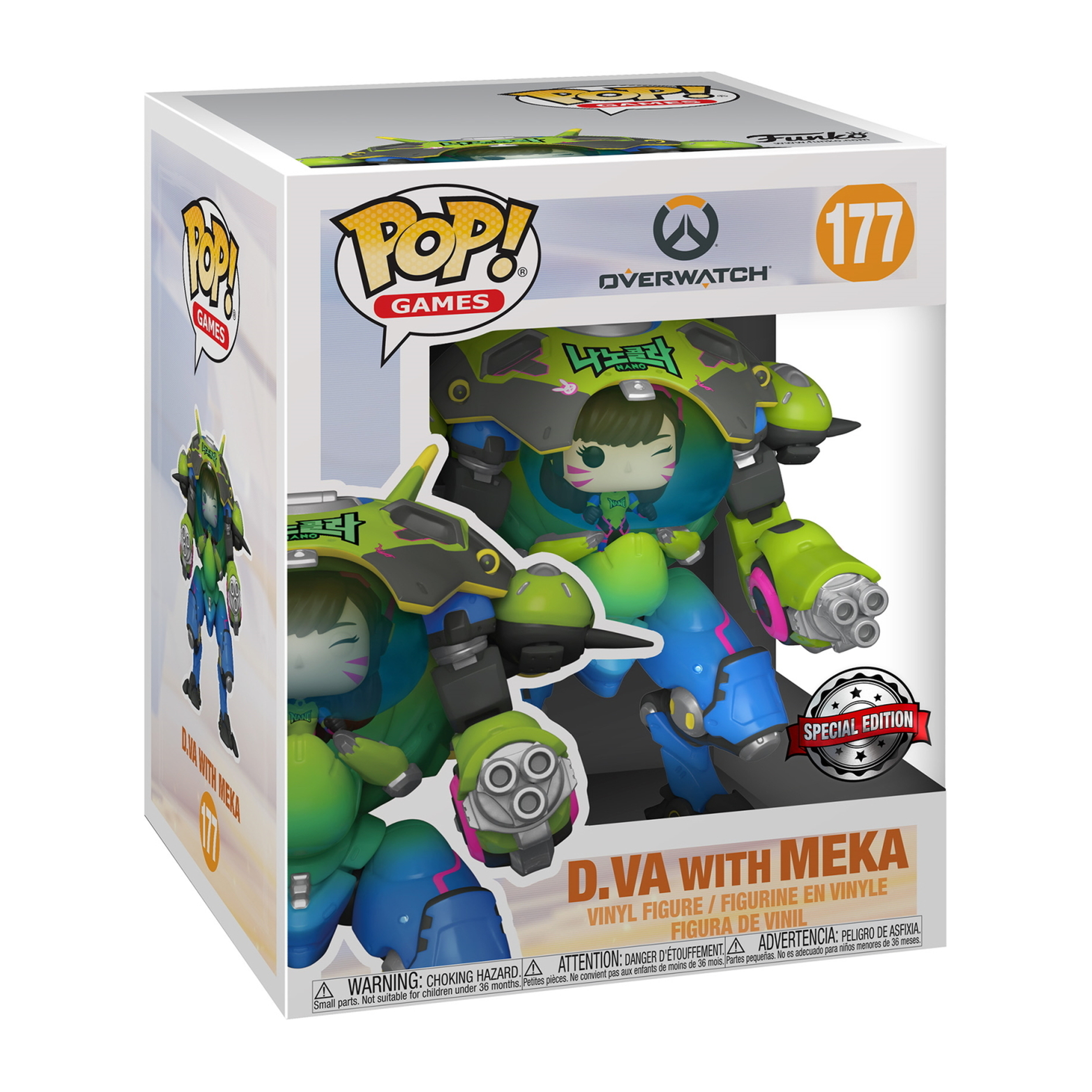 D.Va mit Meka Funko Pop Figur in einer Box. Die Figur ist in einem Mech-Anzug, mit grün und blau.