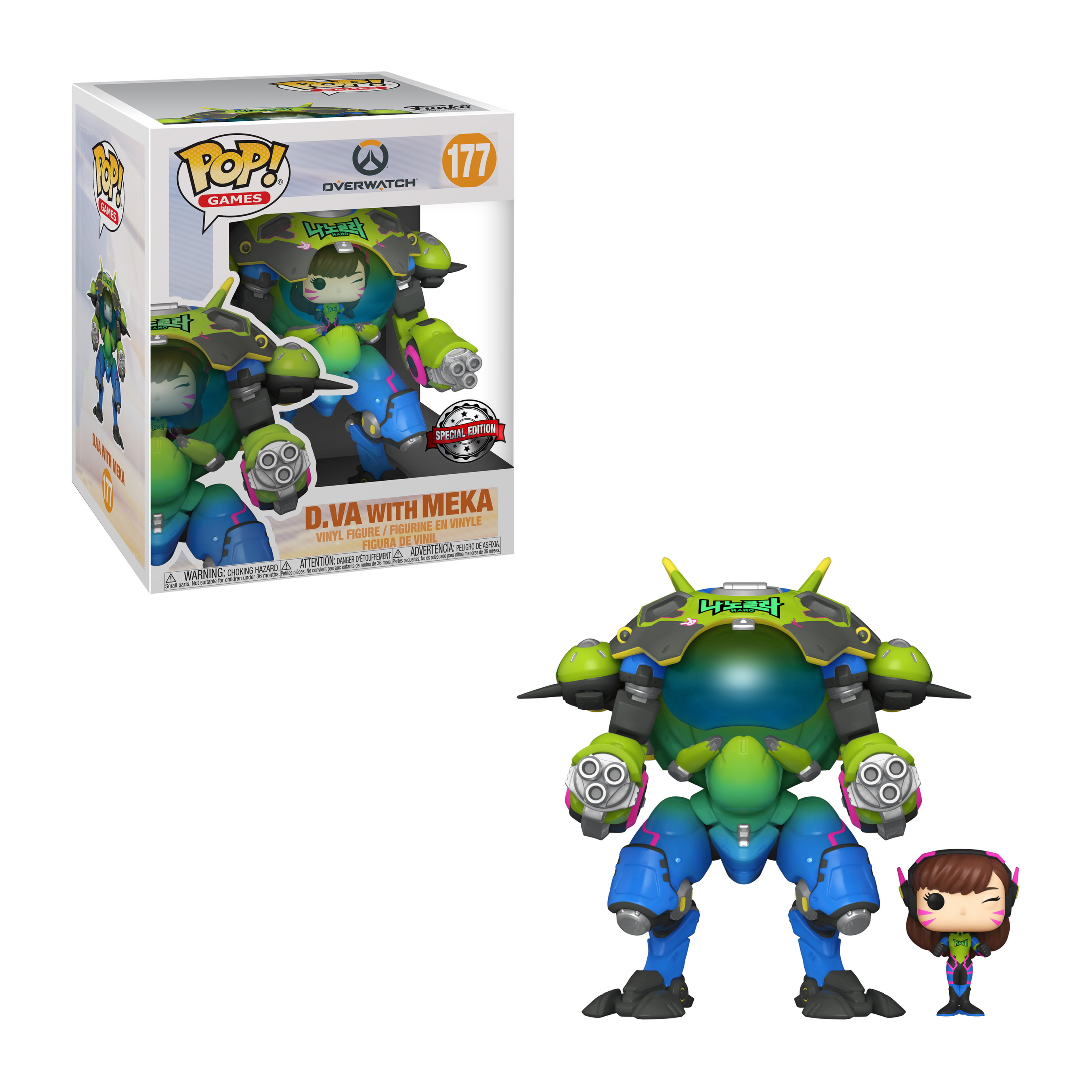 D.Va mit Meka Figur in einer Box. D.Va im rosa und grünen Mech-Anzug, mit einer kleinen D.Va Figur.