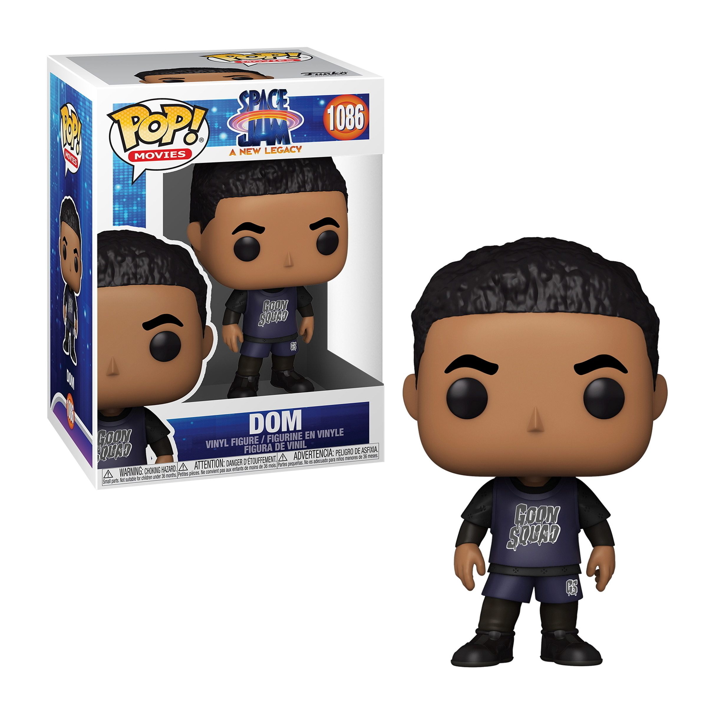 Funko Pop Figur von Dom aus Space Jam in einem Trikot. Schwarz und Blau. Box im Hintergrund. Weißer Hintergrund.
