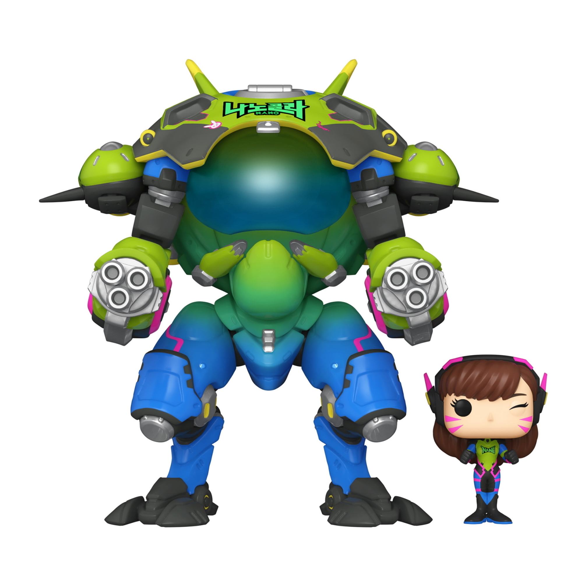 D.Va und ihr Mech, ein großer, blau-grüner Roboter mit mehreren Waffen, stehen nebeneinander.
