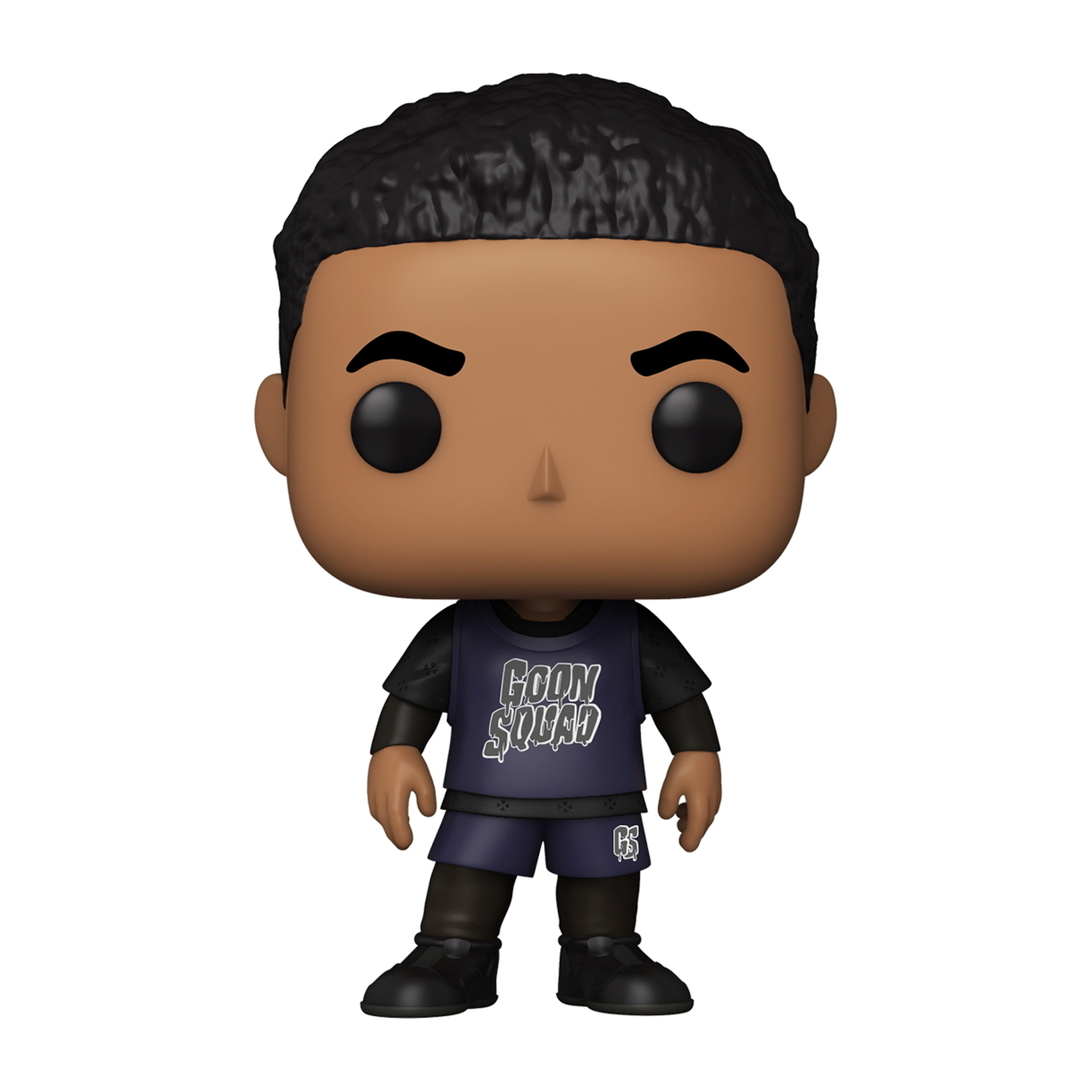 Funko Pop eines Basketballspielers, der eine blaue Uniform mit 'GOON SQUAD' trägt. Schwarze Haare, dunkle Augen.