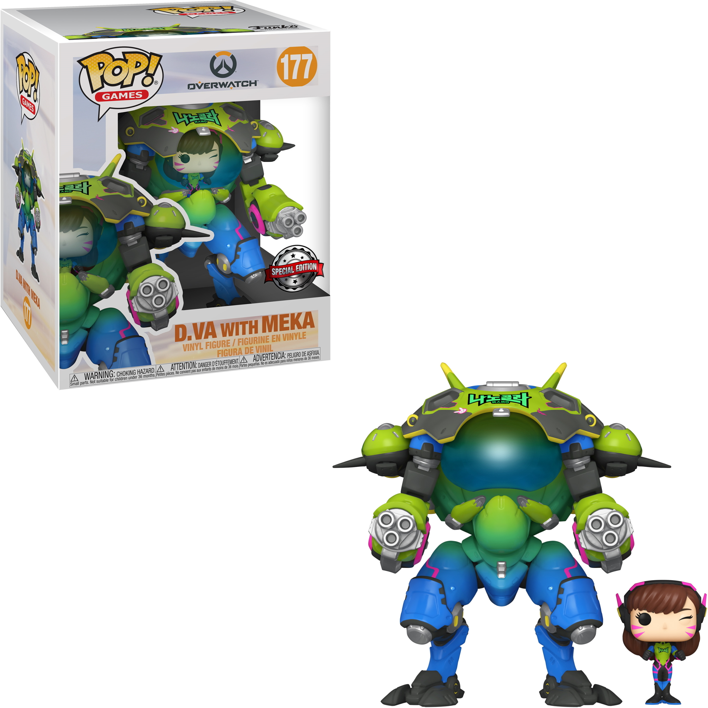D.Va mit Meka-Figur, in einem Mech-Anzug, mit einer Box im Hintergrund.