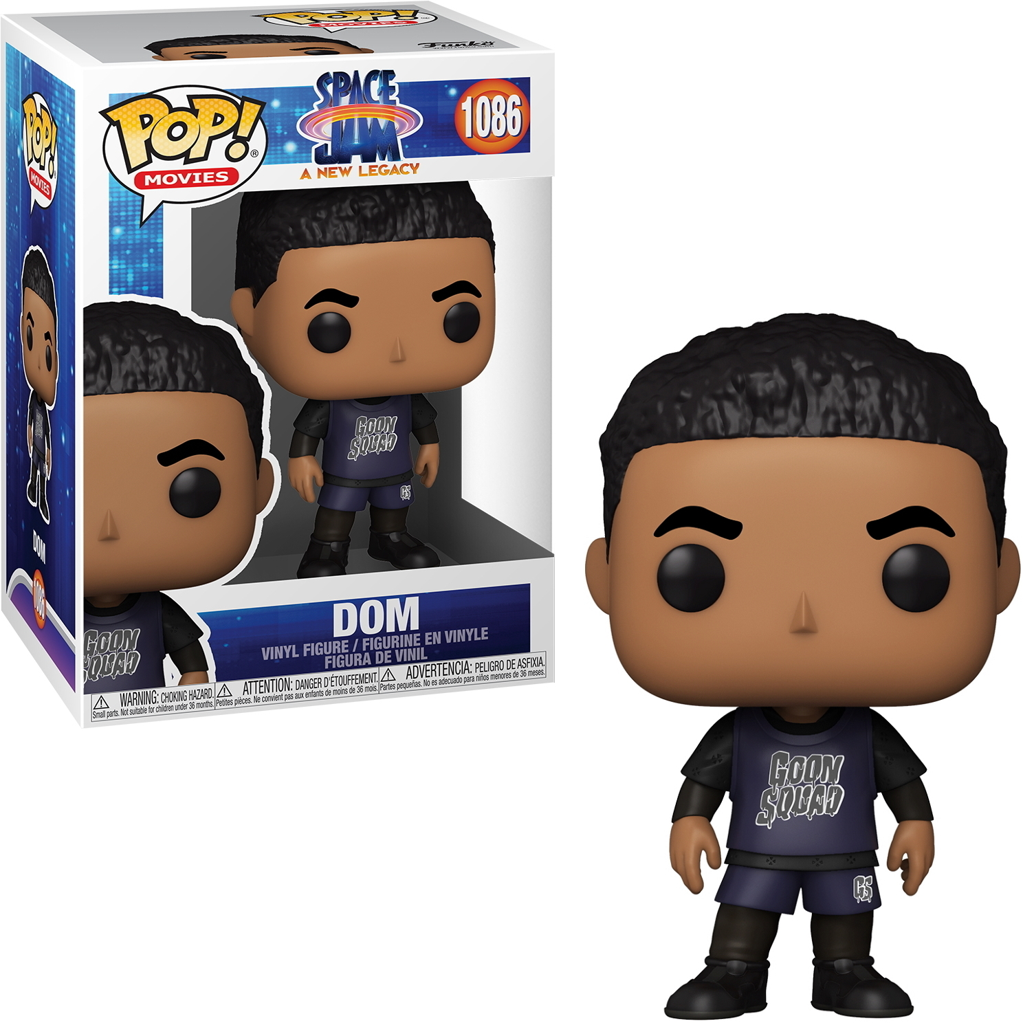 Dom aus Space Jam Funko Pop, trägt ein Goon Squad Trikot. Er hat schwarze Haare und steht.