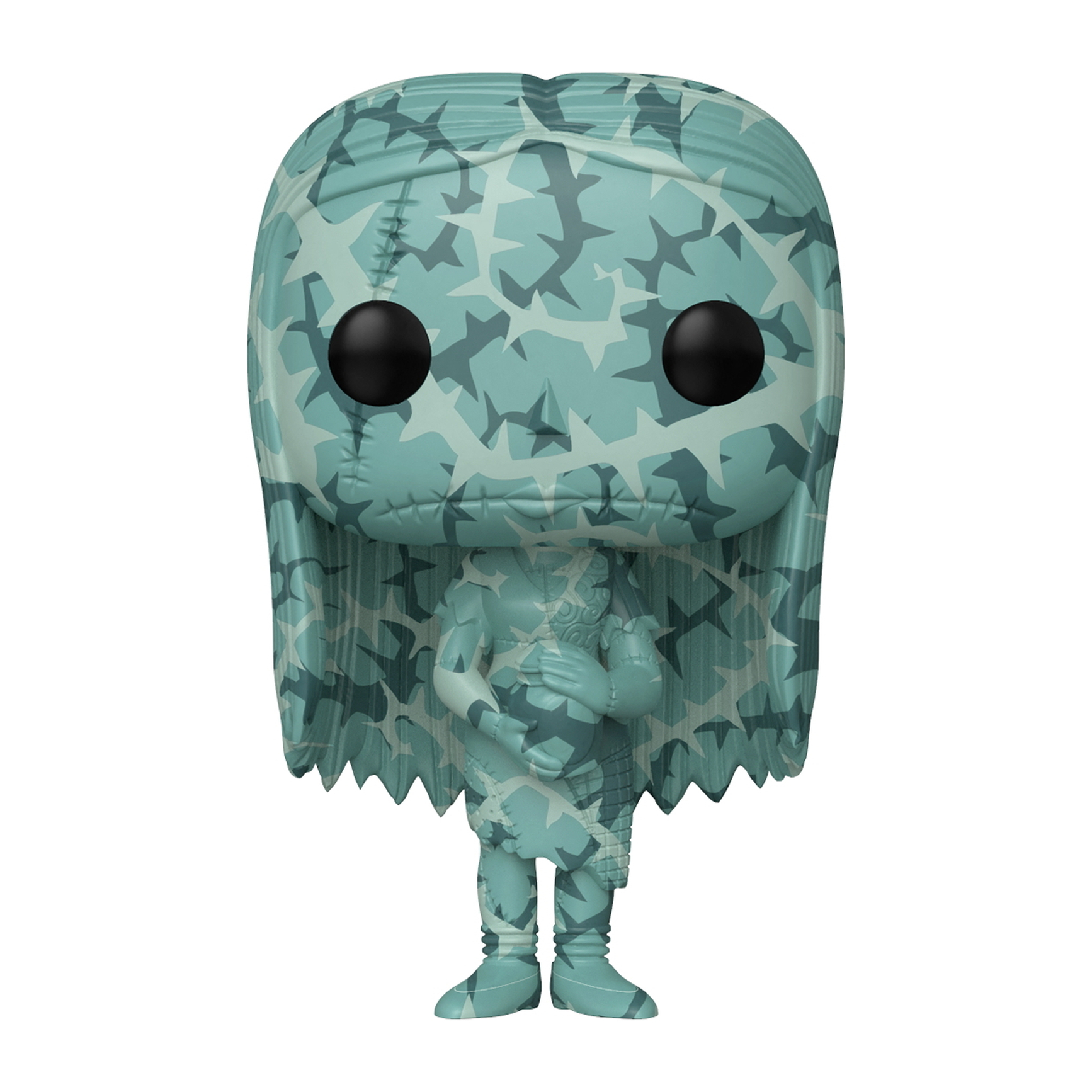 Eine Funko Pop Figur einer Figur mit blauem Tarnmuster und schwarzen Augen.