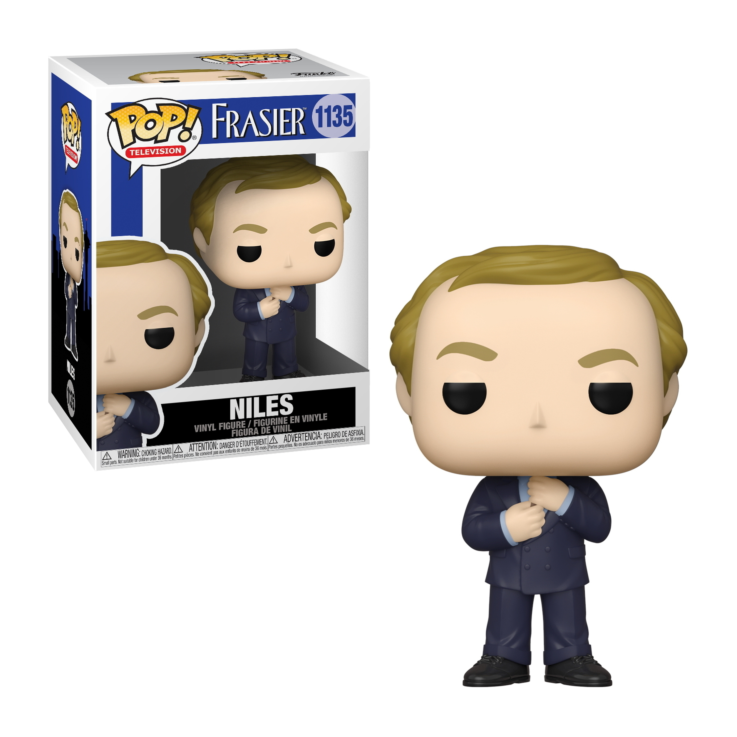 Niles Crane Funko Pop Figur. Marineblauer Anzug, hält die Hände. Blondes Haar, weißer Hintergrund.