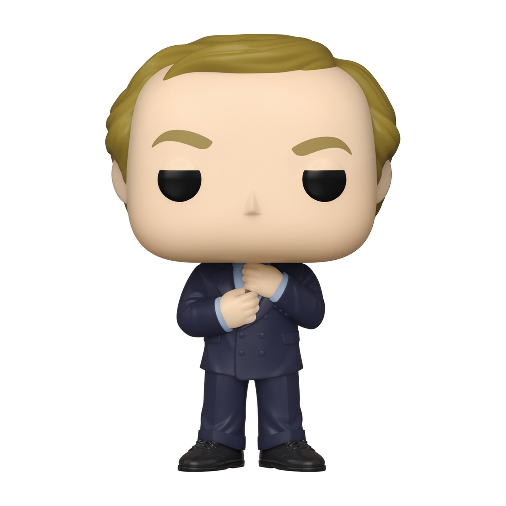 Eine Funko Pop-Figur eines Mannes im Anzug. Er richtet seine Krawatte.