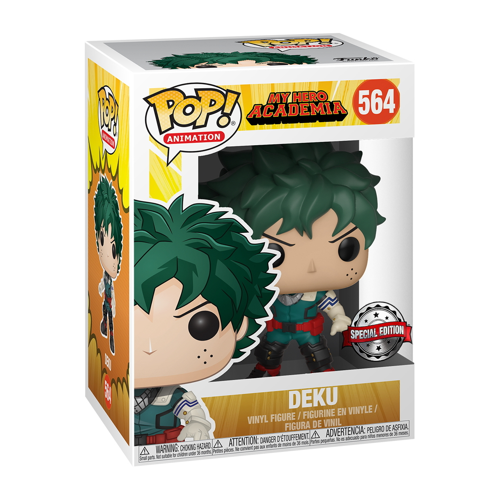 Deku aus My Hero Academia Funko Pop. Er hat grüne Haare und einen Heldenanzug.