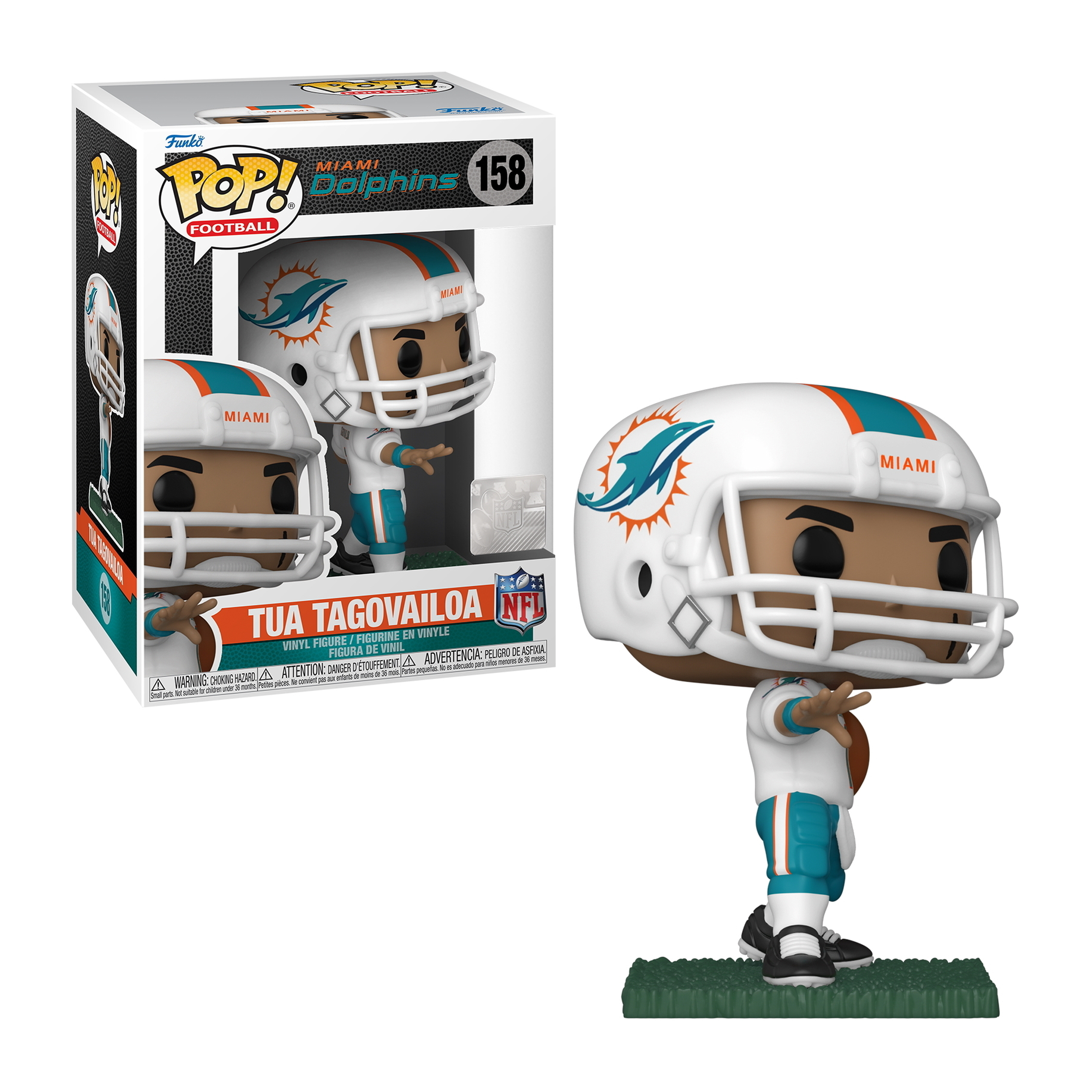 Eine Footballspieler-Figur der Miami Dolphins mit Helm und Uniform, hält einen Ball, auf grüner Basis.