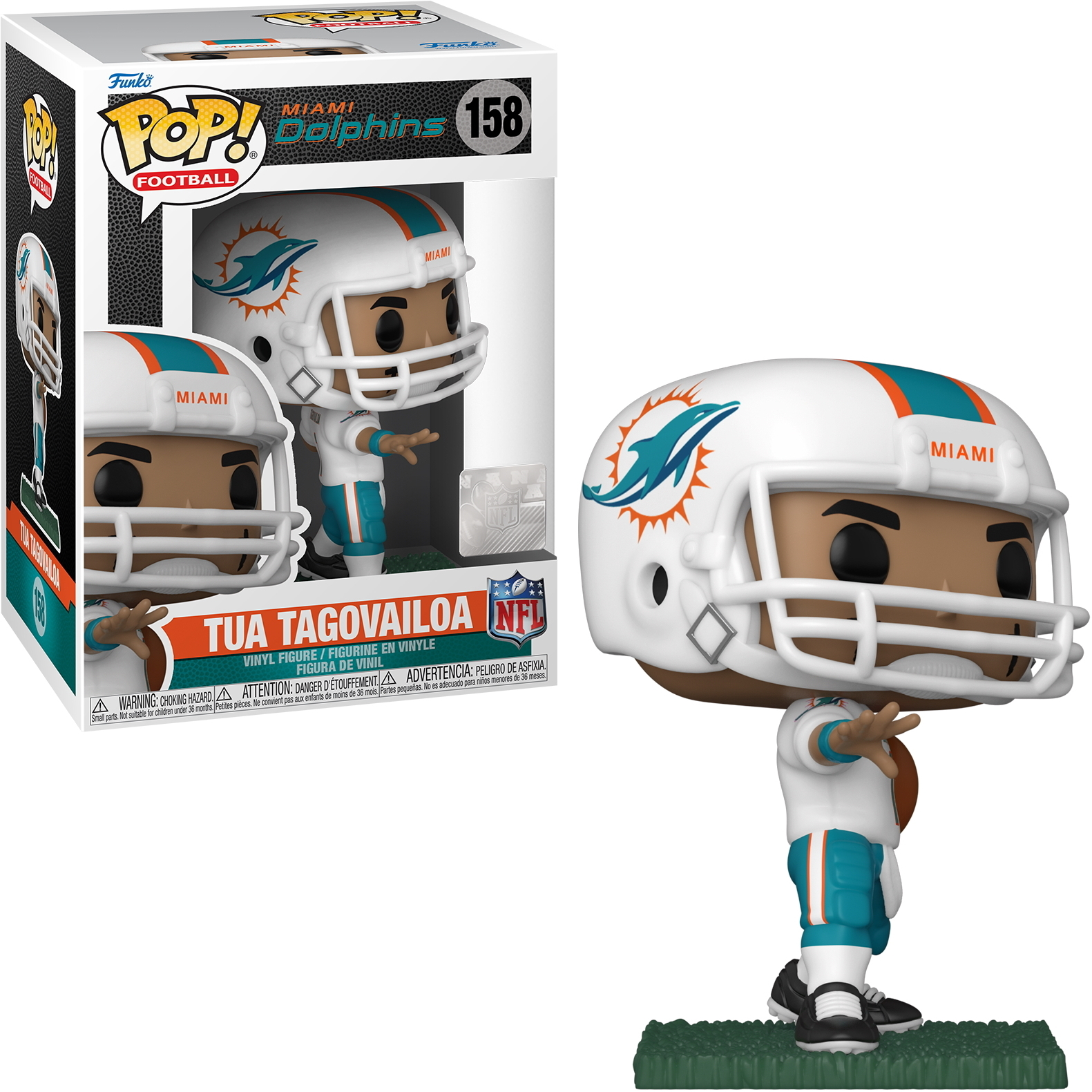 Miami Dolphins Funko Pop Figur. Football-Helm, weiße Uniform mit teal- und orangefarbenen Akzenten. Box im Hintergrund.