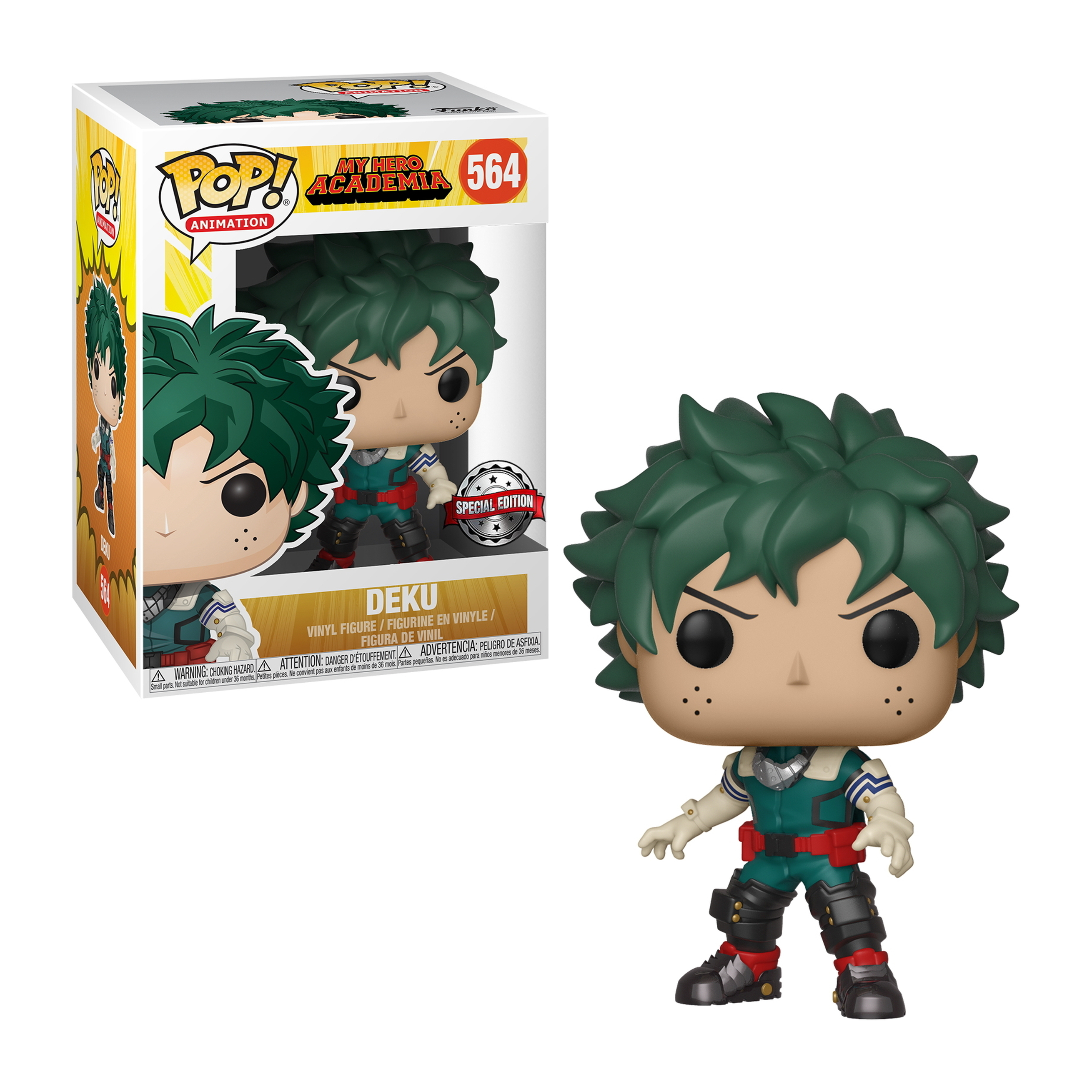 Funko Pop Figur von Deku. Box und Figur sichtbar, grüne Haare, My Hero Academia.