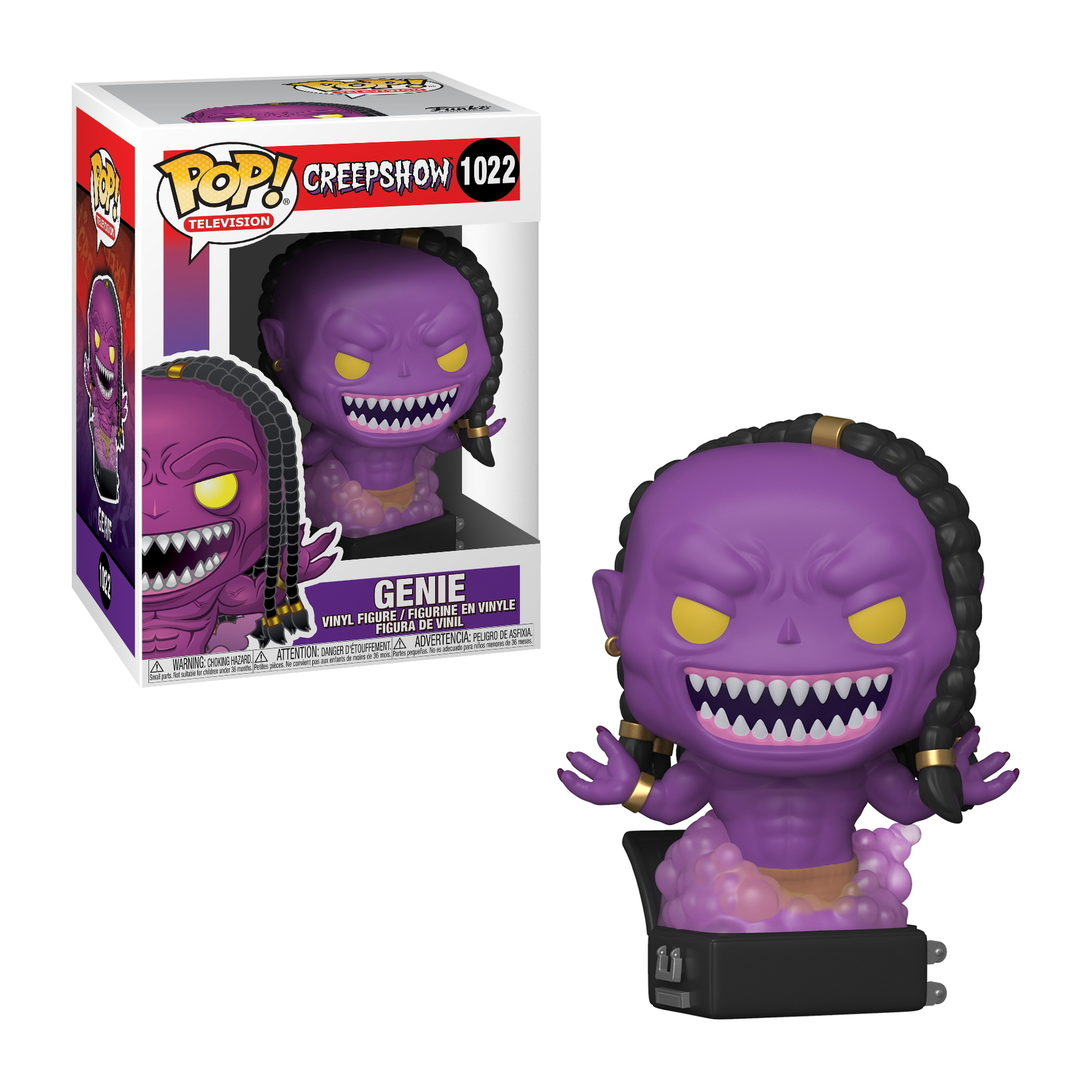 Ein Funko Pop von Genie aus Creepshow, mit violetter Haut, scharfen Zähnen und einer schwarzen Box.