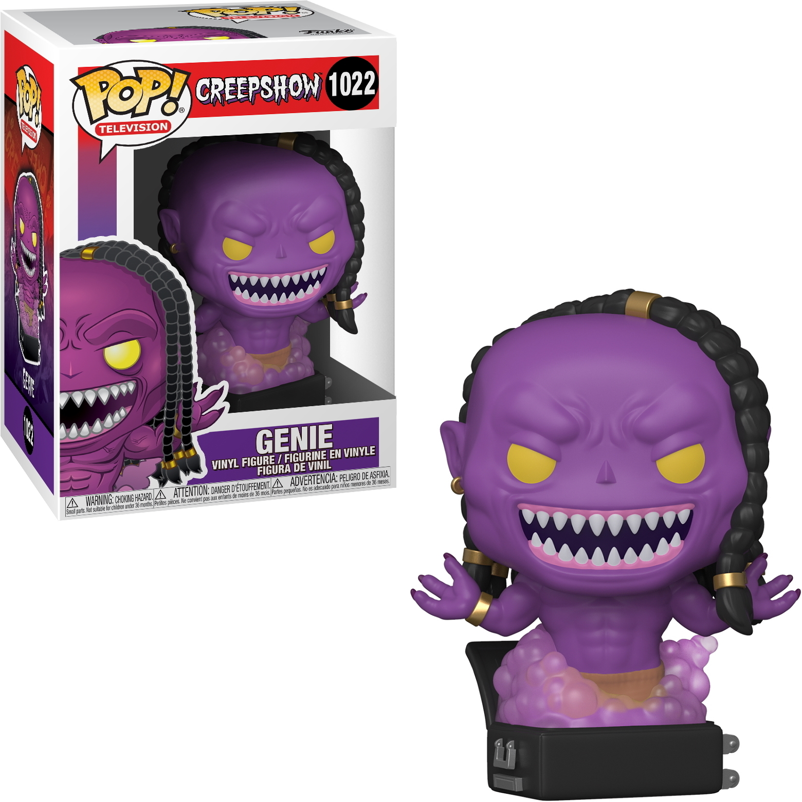 Genie Funko Pop Figur in einer Box. Die Figur ist lila und hat ein grimmiges Gesicht.