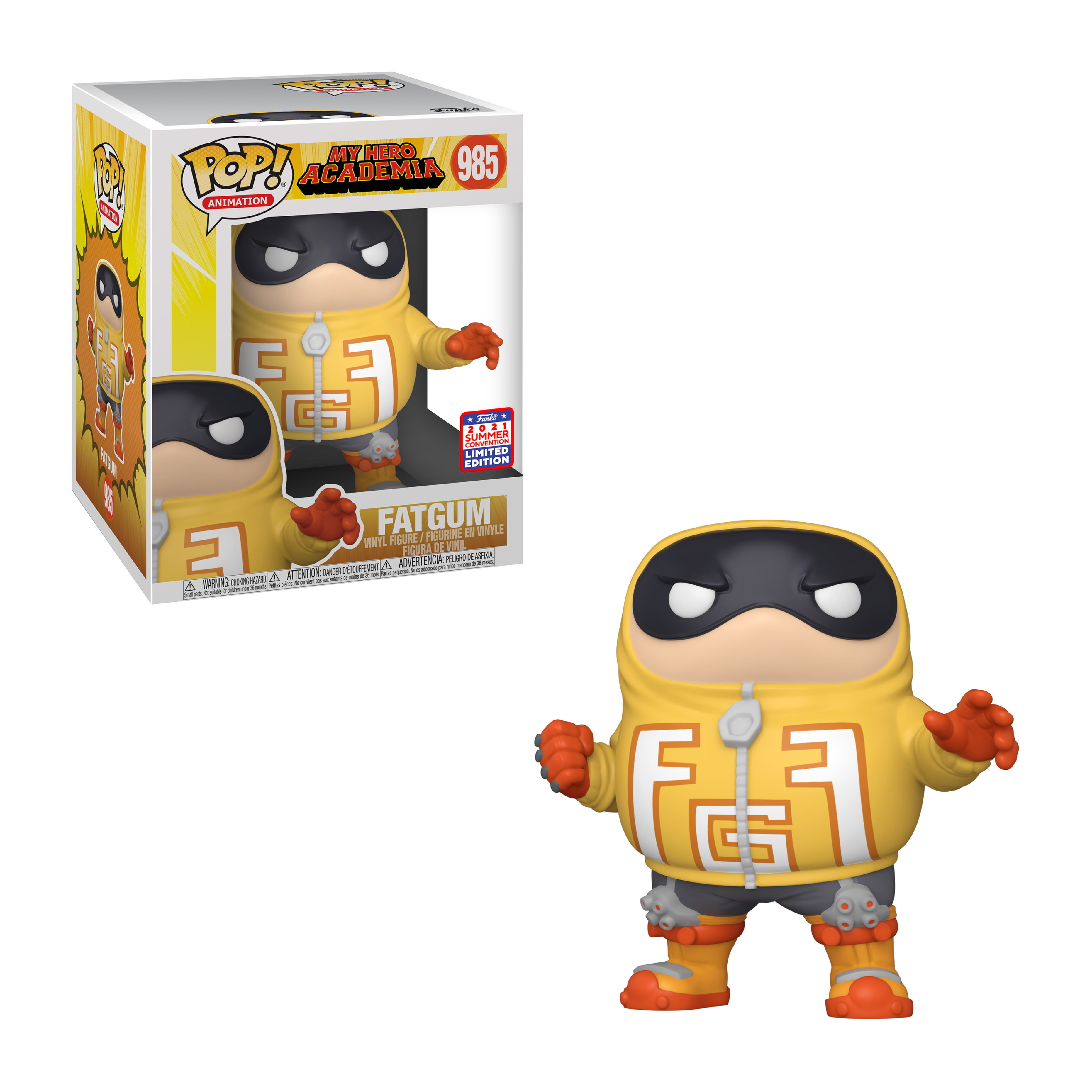 Funko Pop von Fatgum aus My Hero Academia, der einen gelben Anzug und eine Maske trägt.