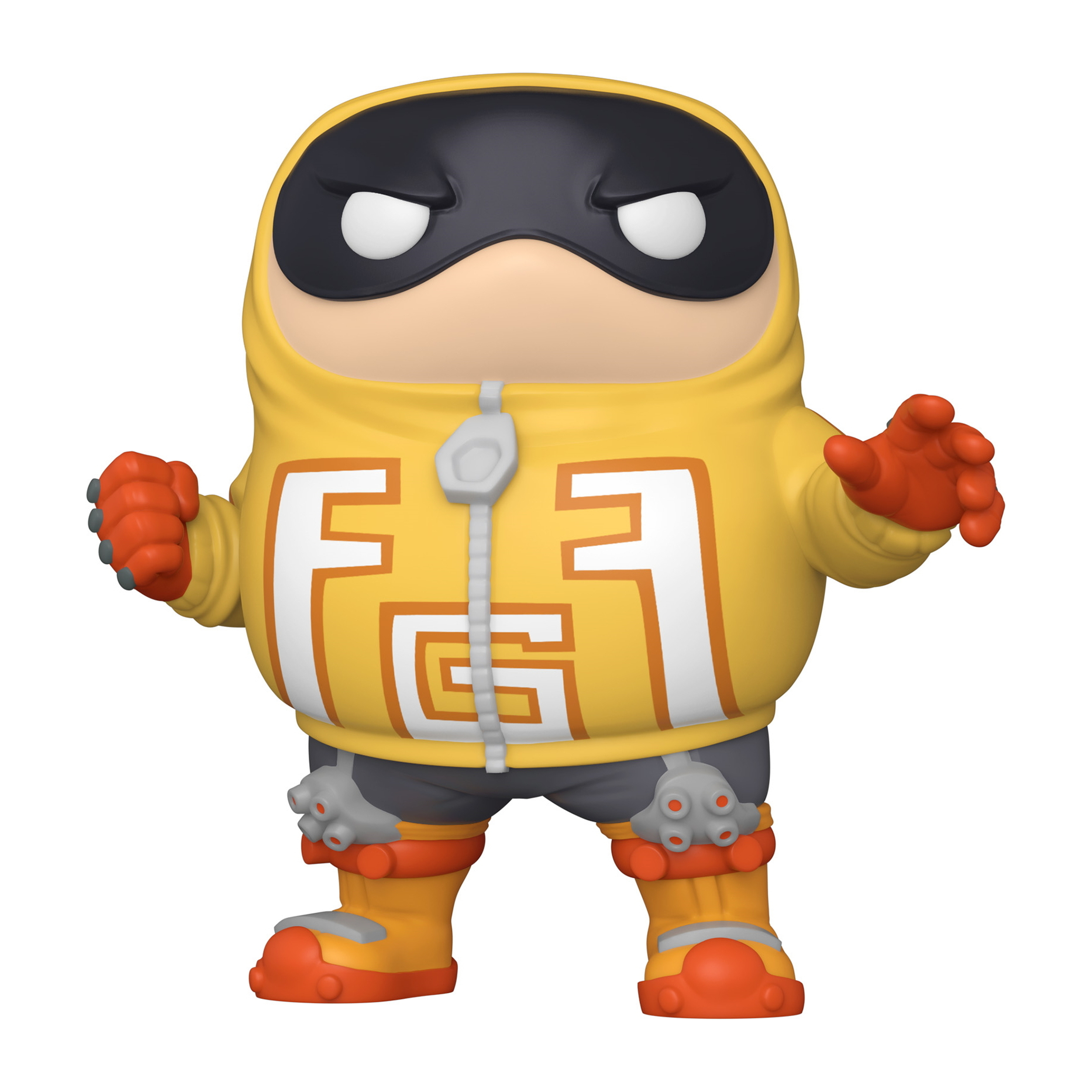 Eine Funko Pop Figur eines Charakters aus My Hero Academia, in gelbem Hoodie und orangenen Handschuhen.