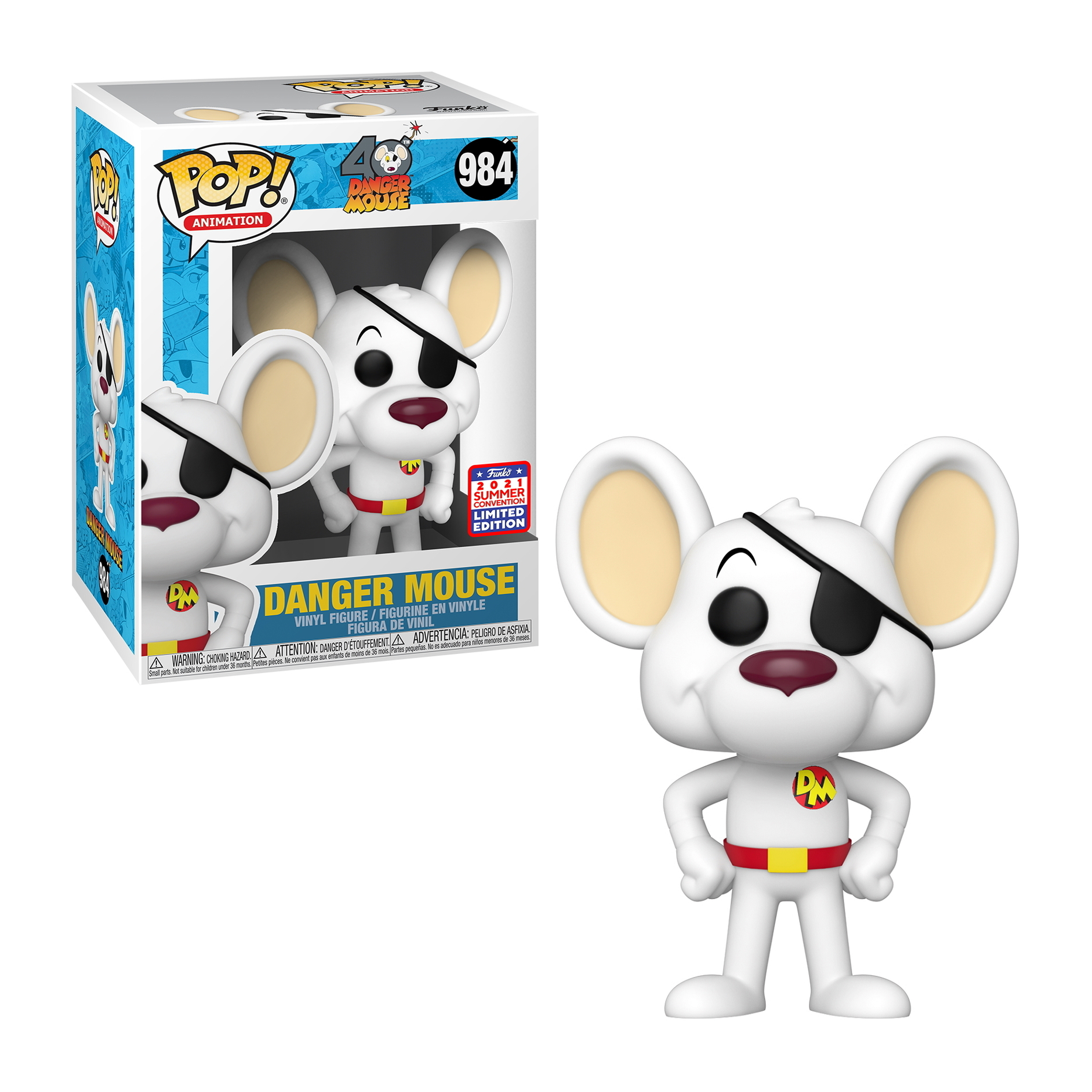 Danger Mouse Funko Pop Figur. Die Figur ist weiß mit roter Augenklappe und DM-Logo.
