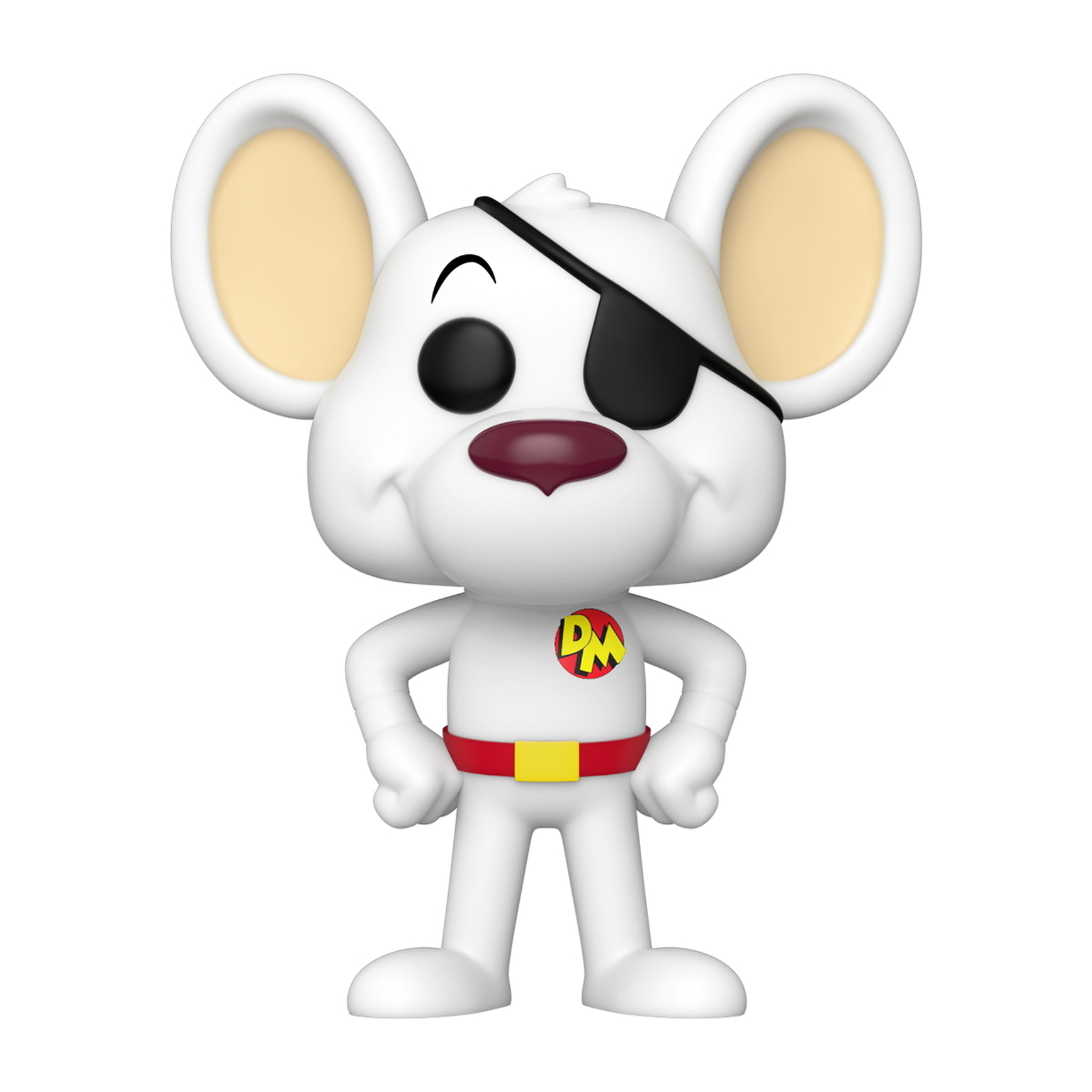 Danger Mouse Funko Pop! Figur. Weiße Maus mit Augenklappe und rotem Gürtel, gelbes Abzeichen.